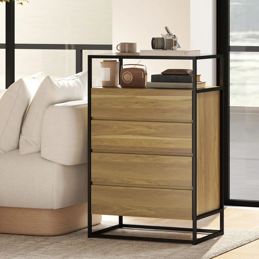 🖤 CÓMODA INDUSTRIAL TEAK GLASS 4C – 4 CAJONES TECA, ACERO NEGRO Y CRISTAL TEMPLADO