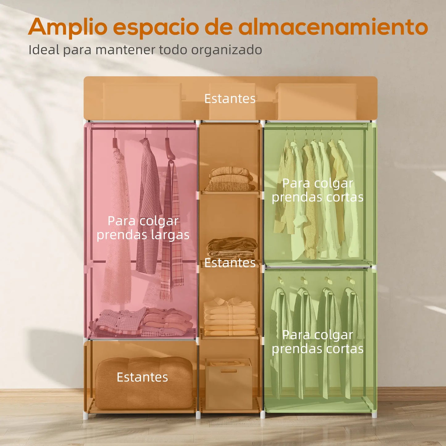 👕 ARMARIO ABIERTO PARA ROPA 182 CM CON 8 ESTANTES Y 3 BARRAS – GRIS CLARO