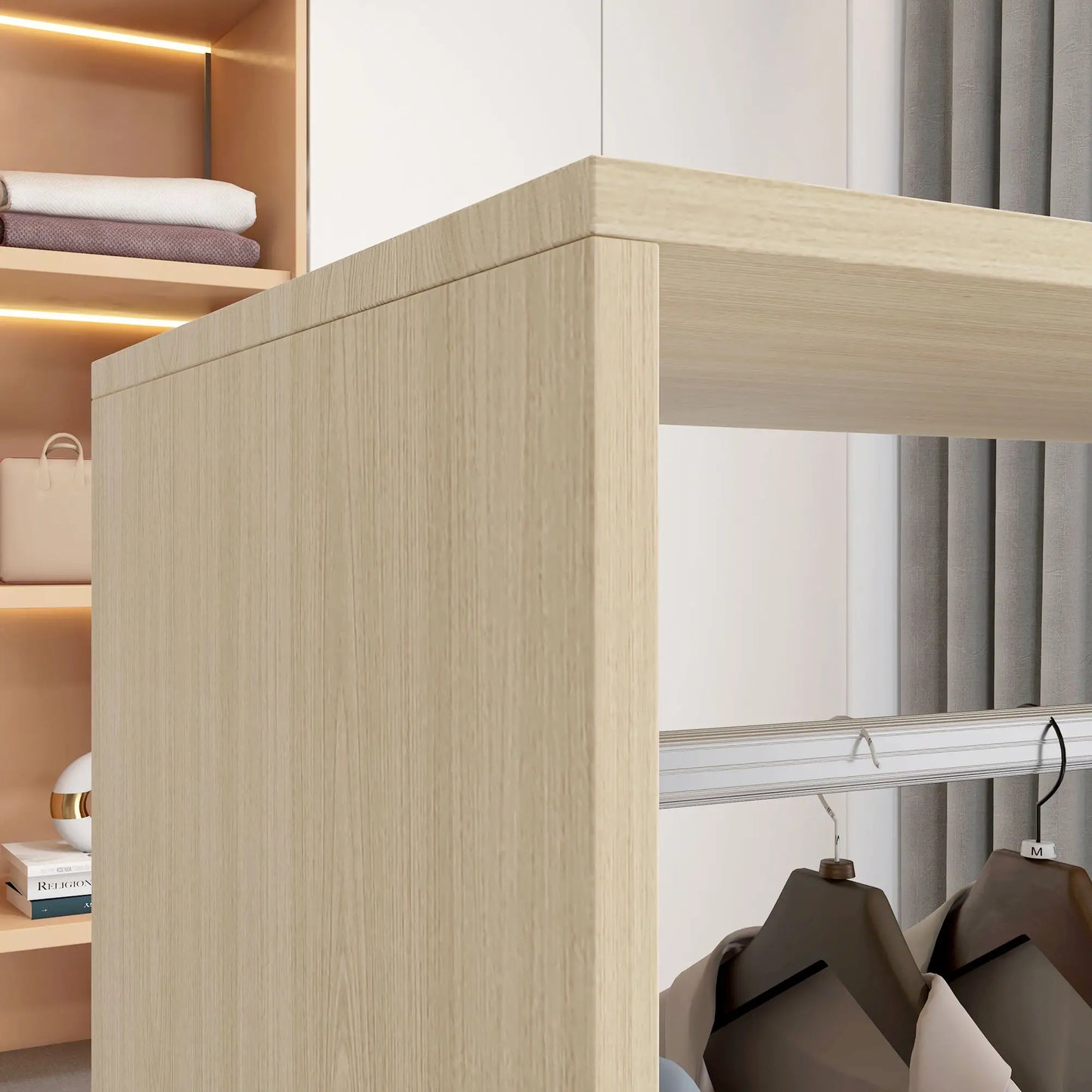 👕 ARMARIO ABIERTO CON RUEDAS 60 CM – BARRA PARA COLGAR Y ESTANTES – BLANCO Y ROBLE NATURAL