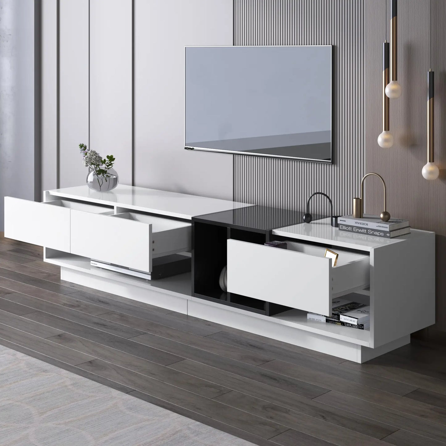 🖤🤍 MUEBLE TV “CONTRAST 190” – BLANCO Y NEGRO BRILLO · 3 CAJONES + 2 COMPARTIMENTOS · 190 CM