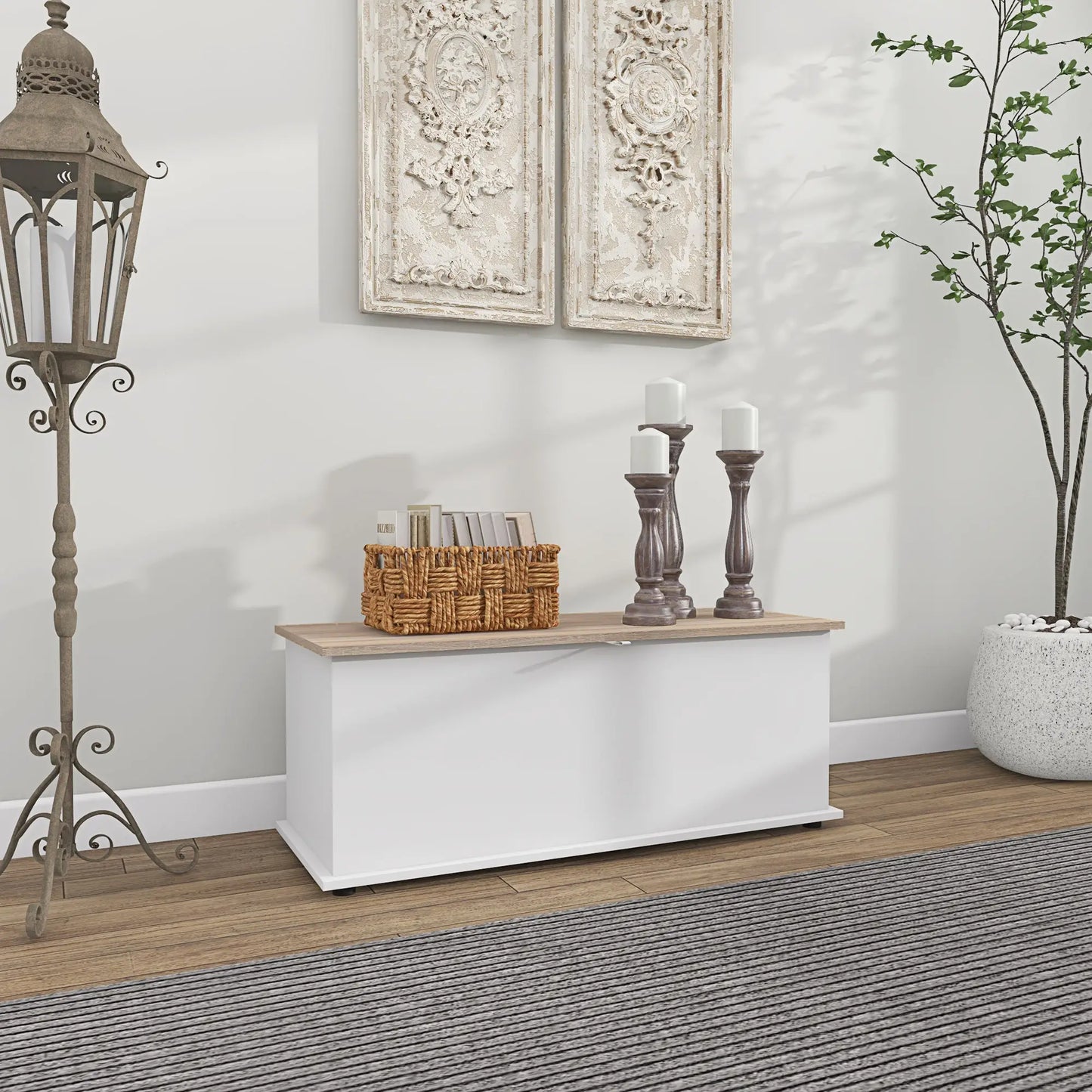🧰 ARCÓN DE ALMACENAMIENTO 100 CM NATURAL Y BLANCO – BAÚL CON TAPA Y BANCO HASTA 120 KG
