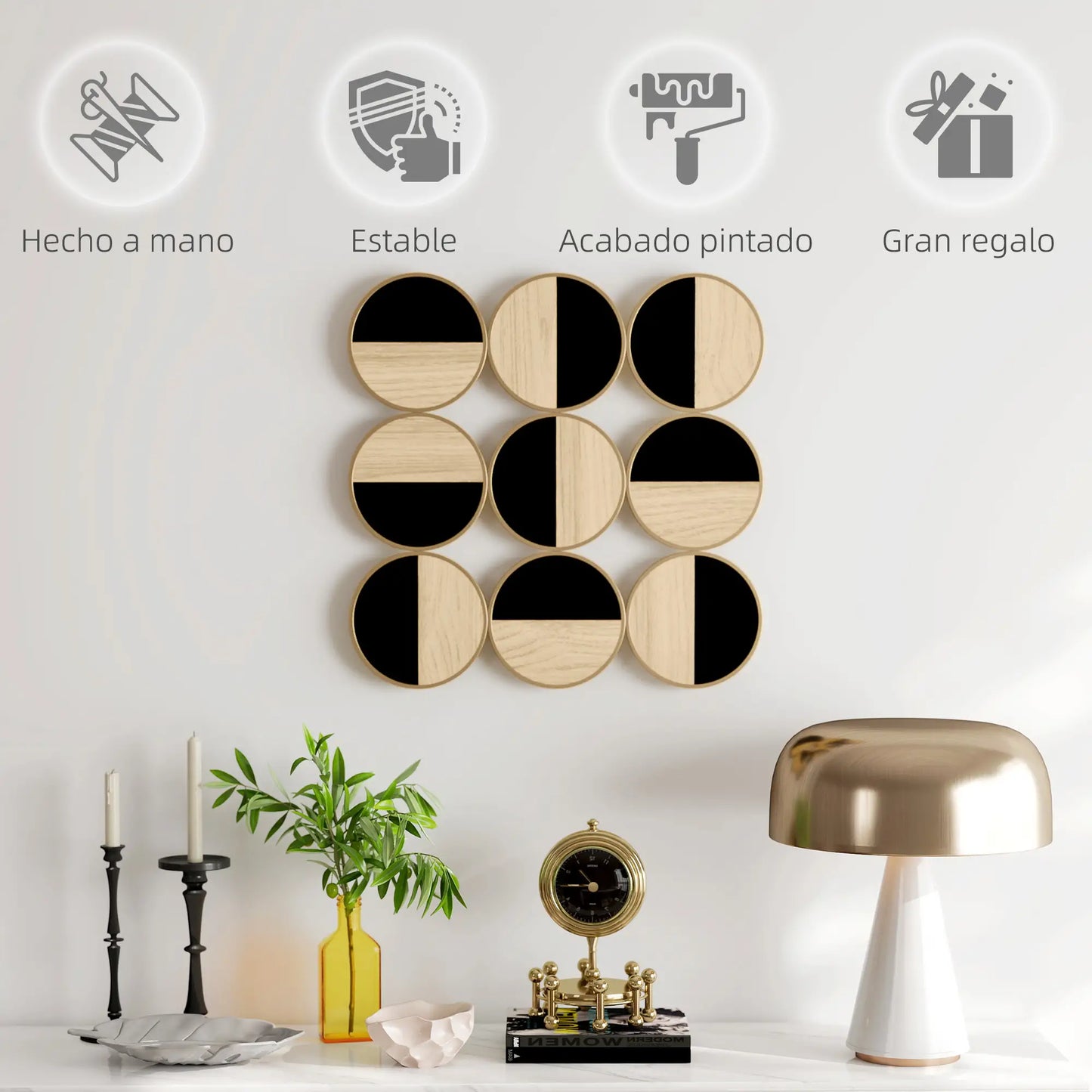 🖼️ CUADRO DECORATIVO DE PARED GEOMÉTRICO 3D 60 × 60 CM – DISEÑO MODERNO CON EFECTO MADERA, ESPEJO Y NEGRO