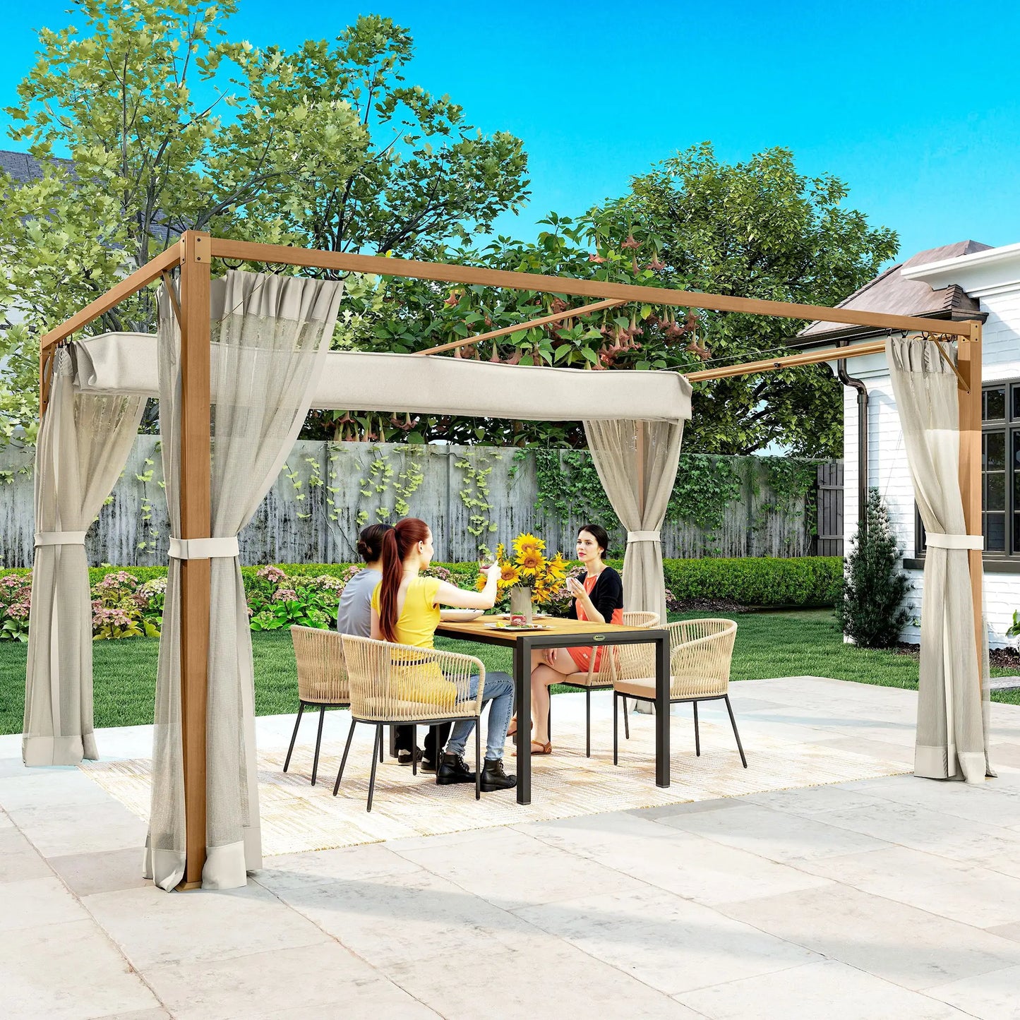 🌿 PÉRGOLA DE JARDÍN “NATURSHADE” 4x3m – RETRÁCTIL CON MOSQUITERAS Y EFECTO MADERA