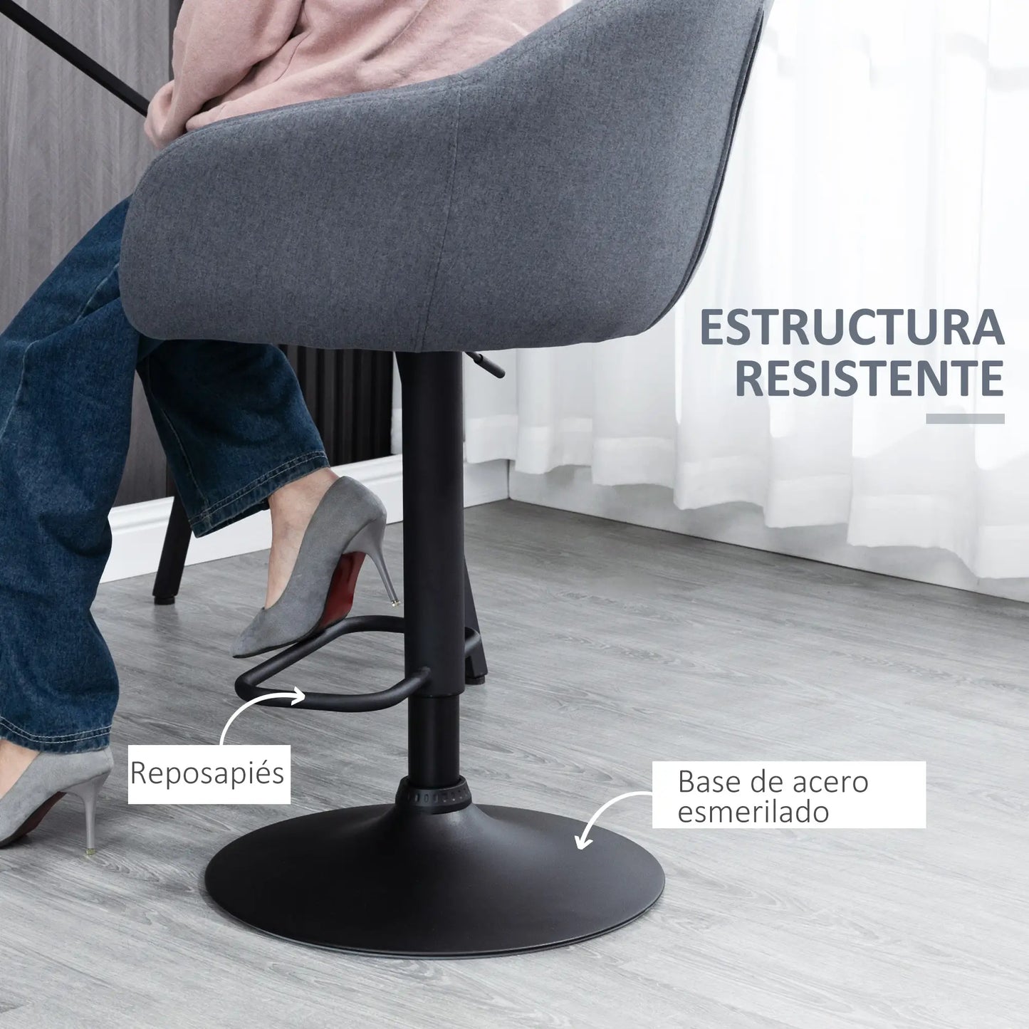 🪑 Taburete de Bar Regulable Tapizado en Tela Gris Oscuro – Giratorio 360° con Reposapiés y Base de Acero