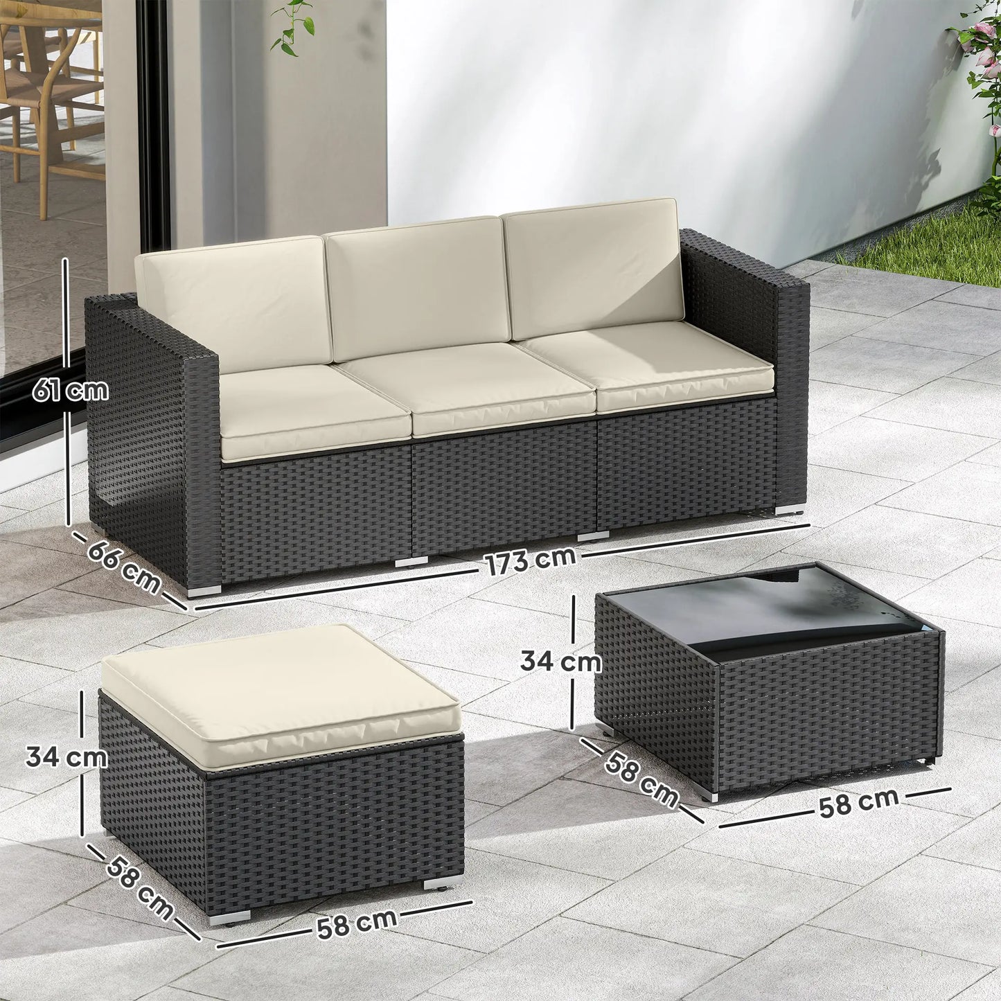 🌿 CONJUNTO DE JARDÍN BARATO 3 PIEZAS “NOIRZEN” – SOFÁ 3 PLAZAS + MESA + TABURETE