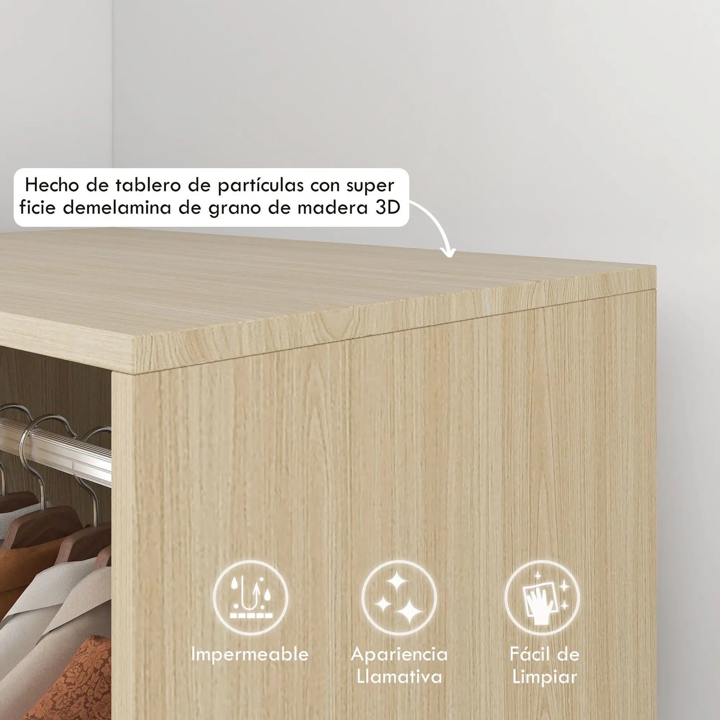👕 ARMARIO ABIERTO CON RUEDAS 60 CM – BARRA PARA COLGAR Y ESTANTES – BLANCO Y ROBLE NATURAL