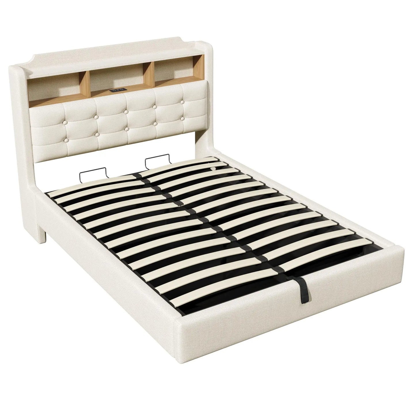 🛏️ CAMA TAPIZADA FLOTANTE 140 × 200 CM CON LED, USB Y ARCÓN HIDRÁULICO | GRIS Y BEIGE | JAM MUEBLES