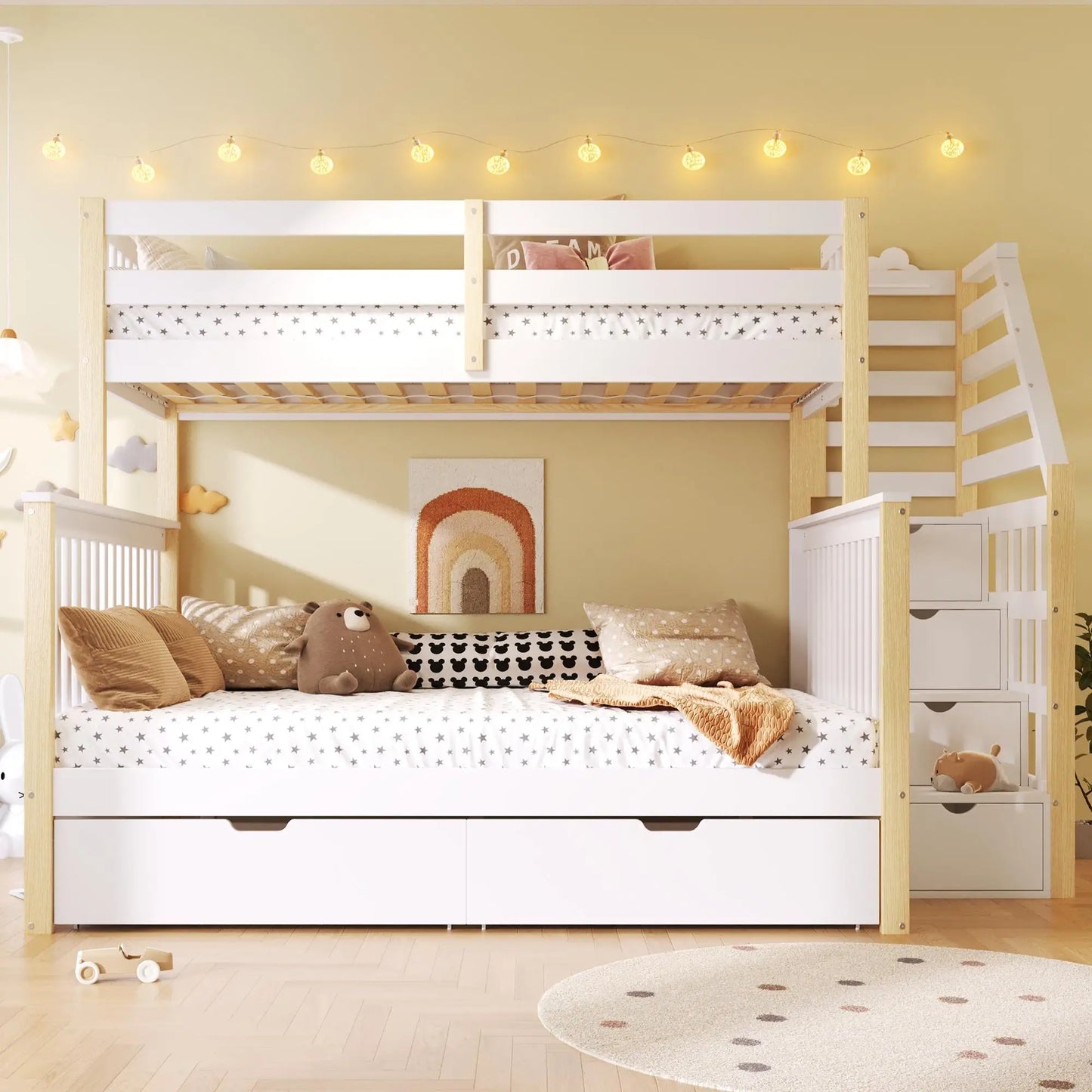 🛏️ LITERA FAMILIAR 90 × 200 + 140 × 200 CM CON ESCALERA, BARANDILLA Y ALMACENAMIENTO | BLANCO Y NATURAL | JAM MUEBLES