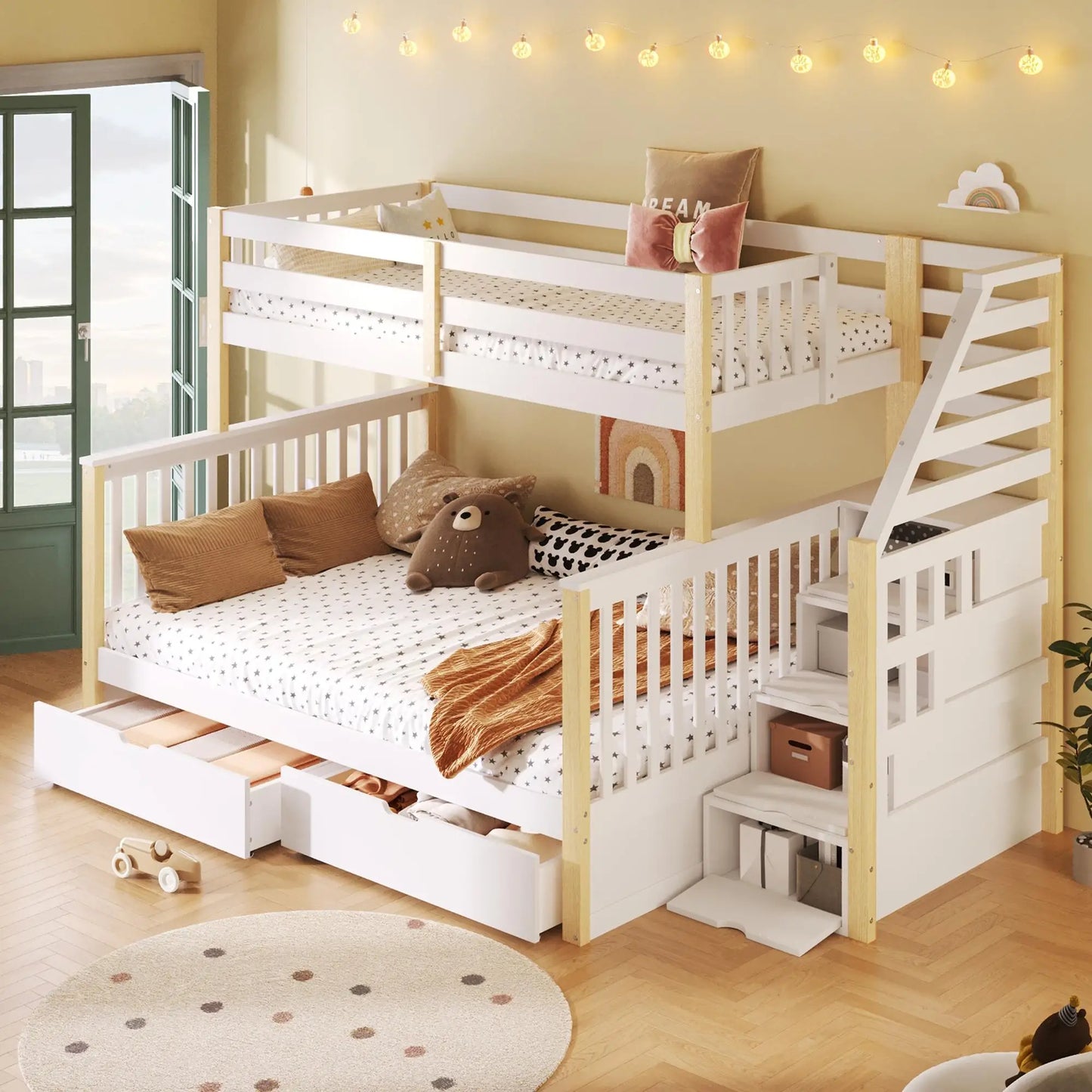 🛏️ LITERA FAMILIAR 90 × 200 + 140 × 200 CM CON ESCALERA, BARANDILLA Y ALMACENAMIENTO | BLANCO Y NATURAL | JAM MUEBLES