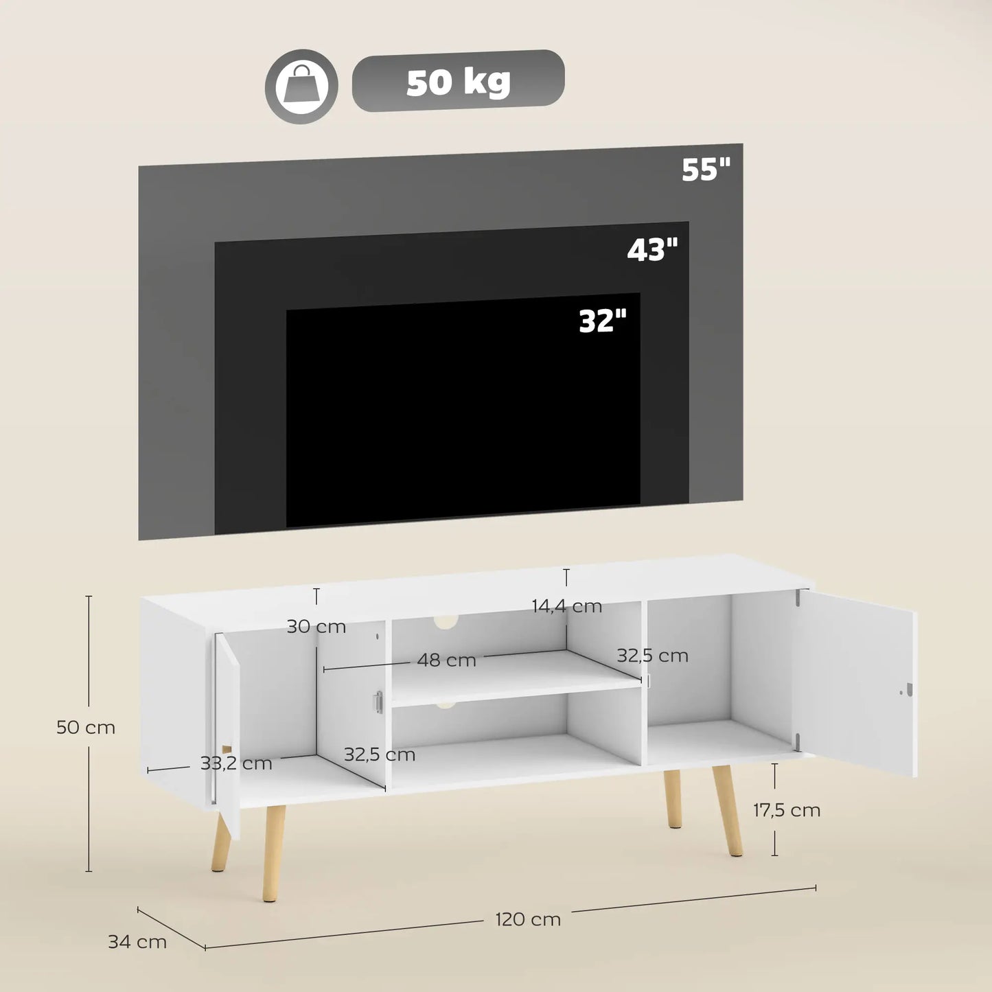 📺 MUEBLE TV “NORDIC 120” – 2 ARMARIOS + 2 ESTANTES · BLANCO Y MADERA · HASTA 55"