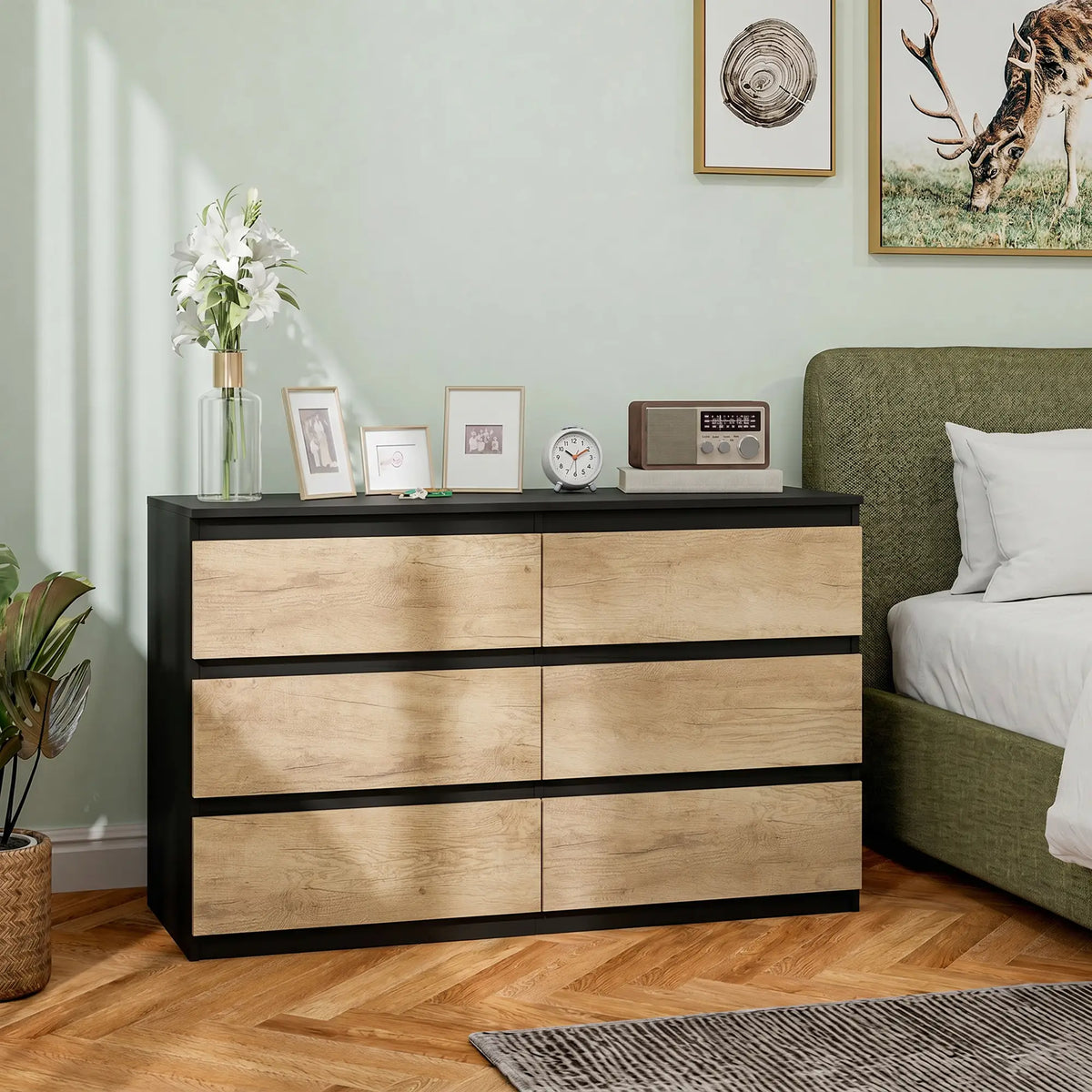 🖤 CÓMODA OAK BLACK 6C – 6 CAJONES NEGRO Y ROBLE SIN TIRADORES 120 CM