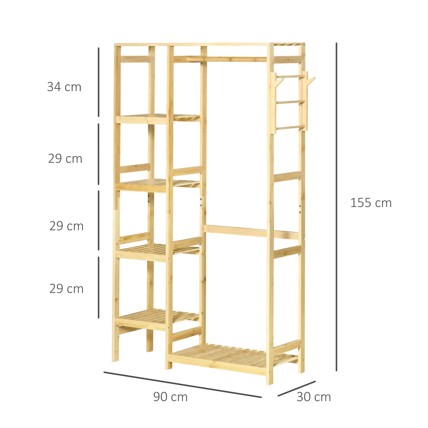 👕 PERCHERO BURRO DE BAMBÚ 90 CM CON BARRA, ESTANTES Y GANCHOS – MADERA NATURAL