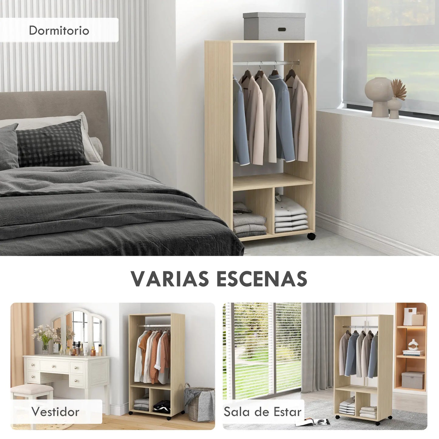 👕 ARMARIO ABIERTO CON RUEDAS 60 CM – BARRA PARA COLGAR Y ESTANTES – BLANCO Y ROBLE NATURAL
