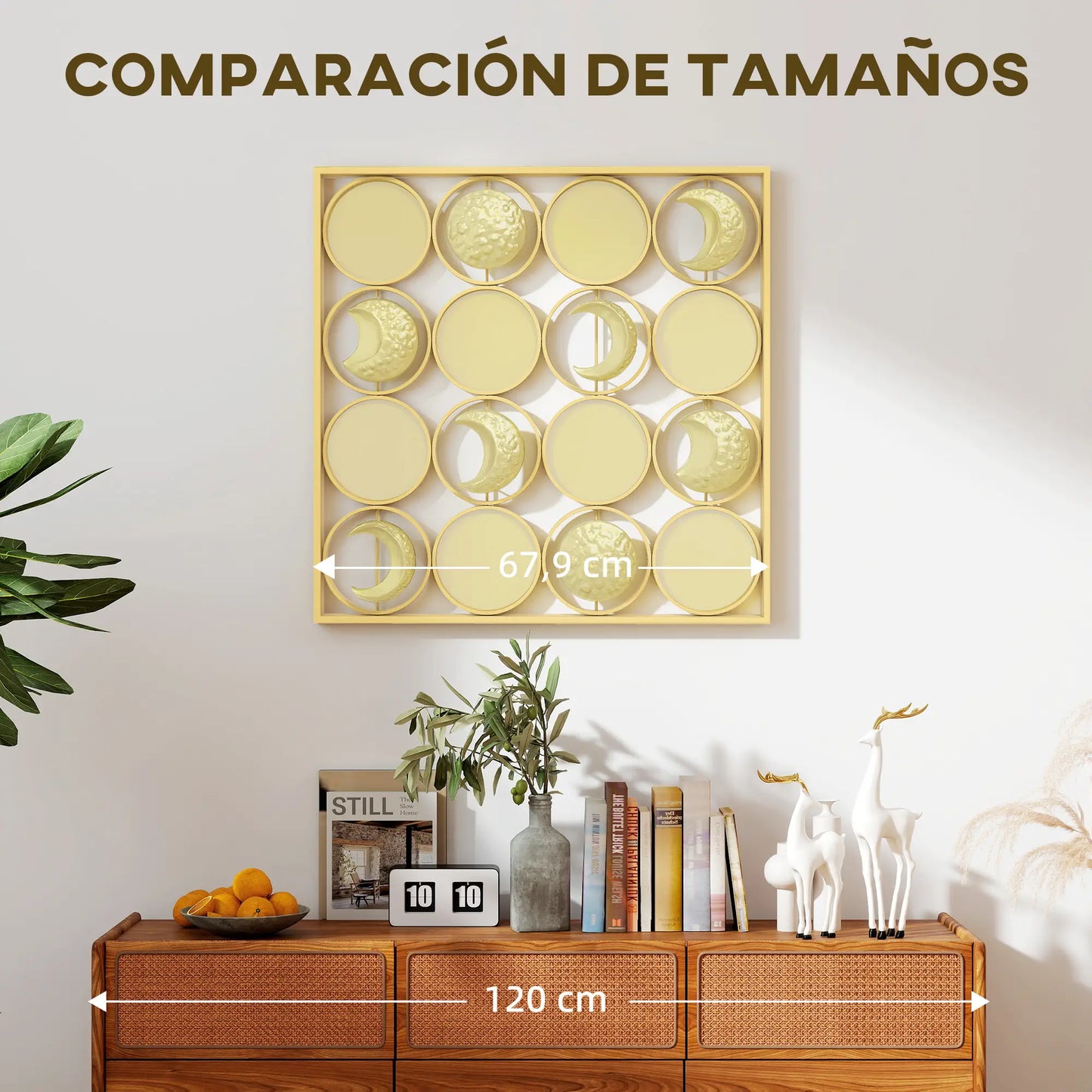 🌙 CUADRO DECORATIVO DE METAL FASES LUNARES – DECORACIÓN DE PARED DORADA 67,9 × 67,9 CM