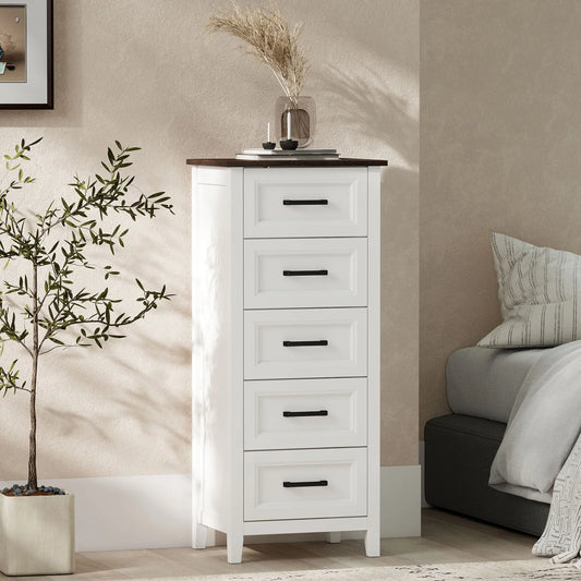 🤍 CÓMODA NORDIC SLIM 5C – 5 CAJONES BLANCA CON ENCIMERA EFECTO MADERA