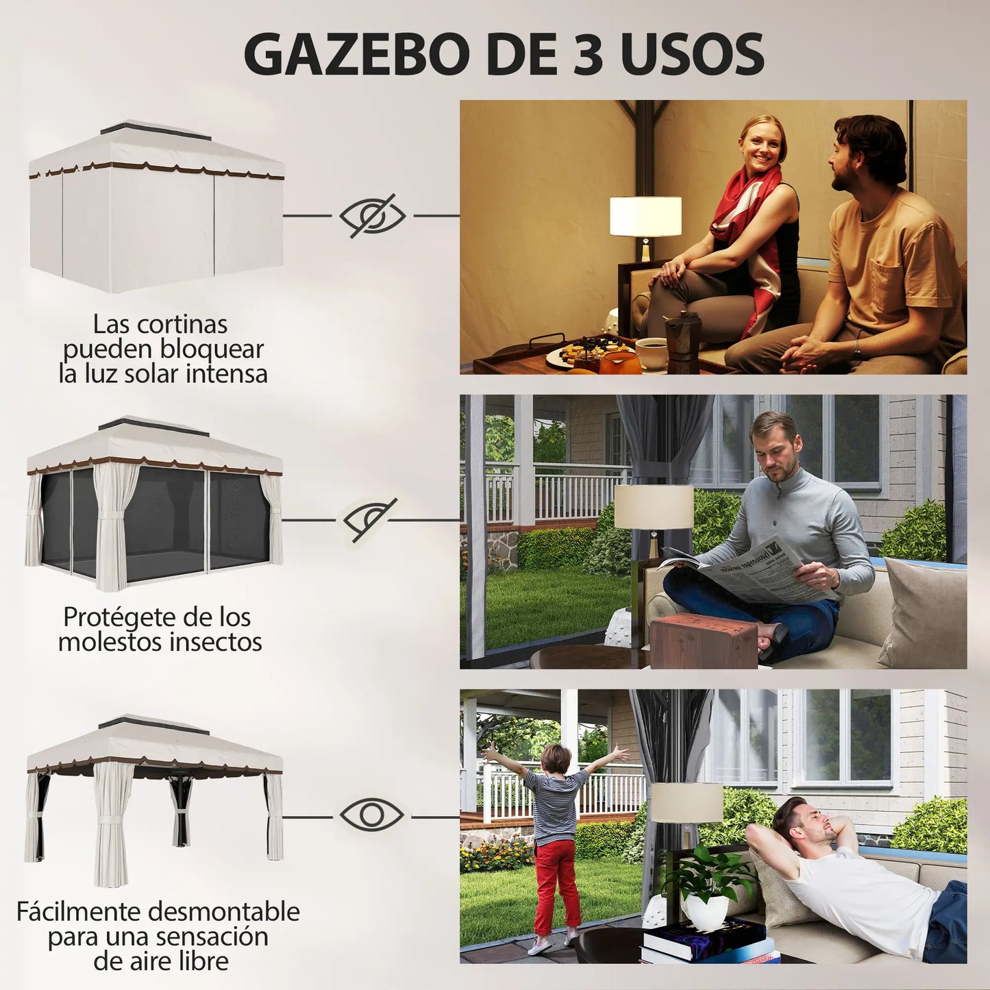 🌿 CENADOR DE JARDÍN “ARENAZZA” 4x3m – DOBLE TECHO, CORTINAS Y MOSQUITERA
