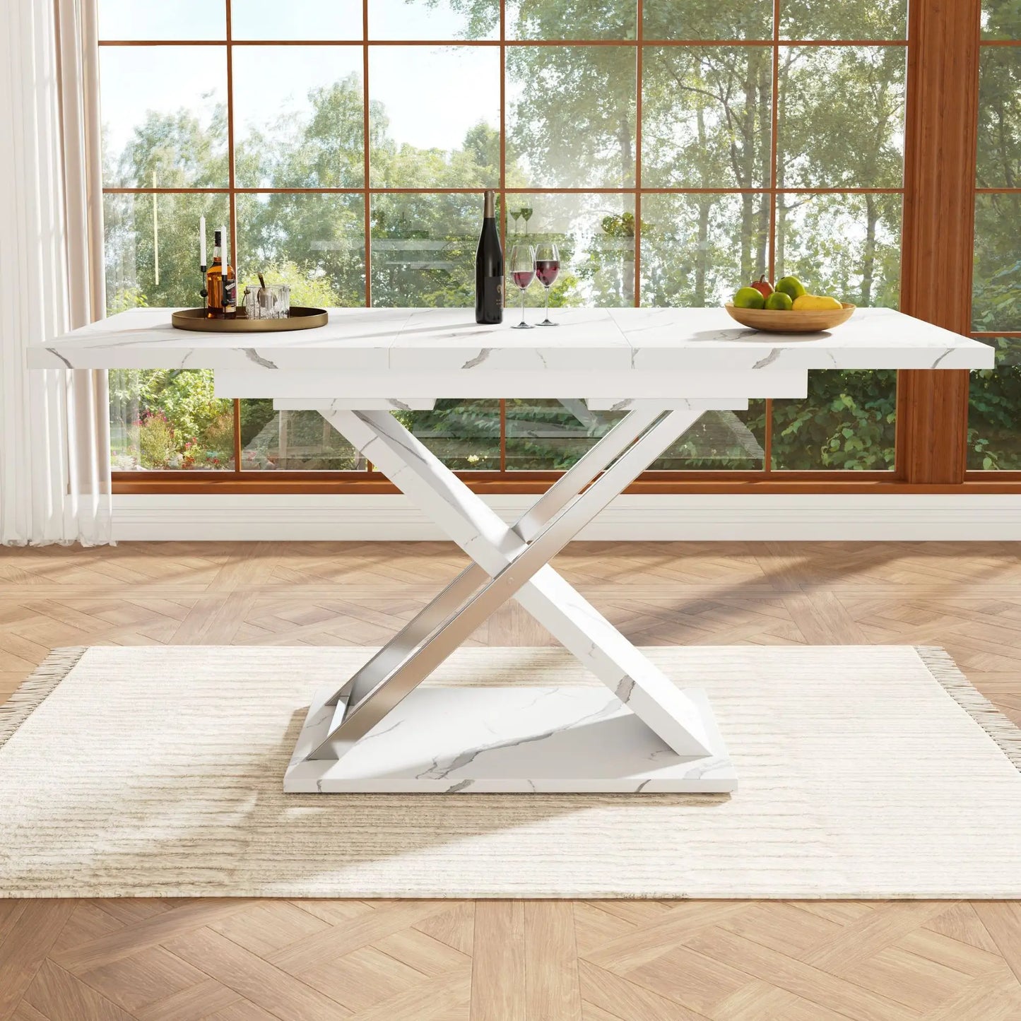 🍽️ Mesa de Comedor Extensible 118-157 cm con Patas Cruzadas – MDF Efecto Mármol – Blanco | JAM MUEBLES