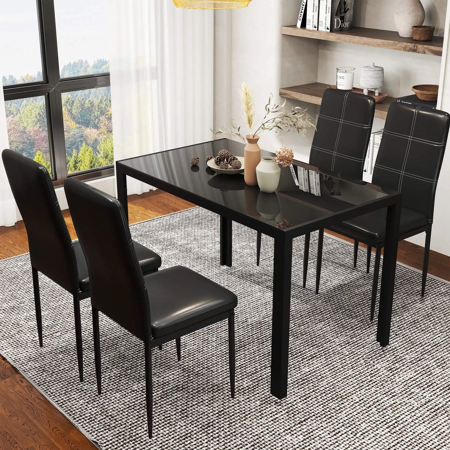 🖤 Conjunto de Comedor CRISTALIA 120 cm – Mesa Cristal + 4 Sillas