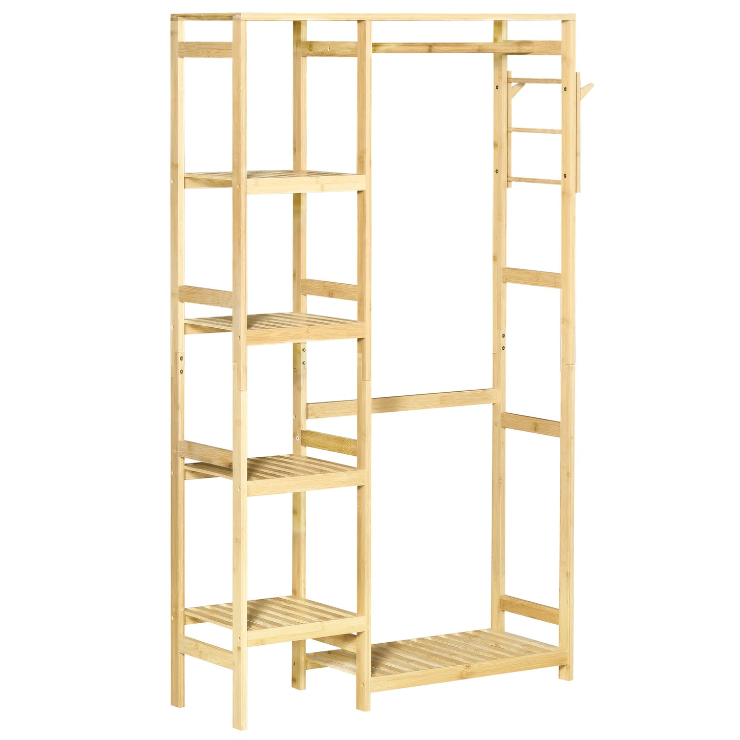 👕 PERCHERO BURRO DE BAMBÚ 90 CM CON BARRA, ESTANTES Y GANCHOS – MADERA NATURAL