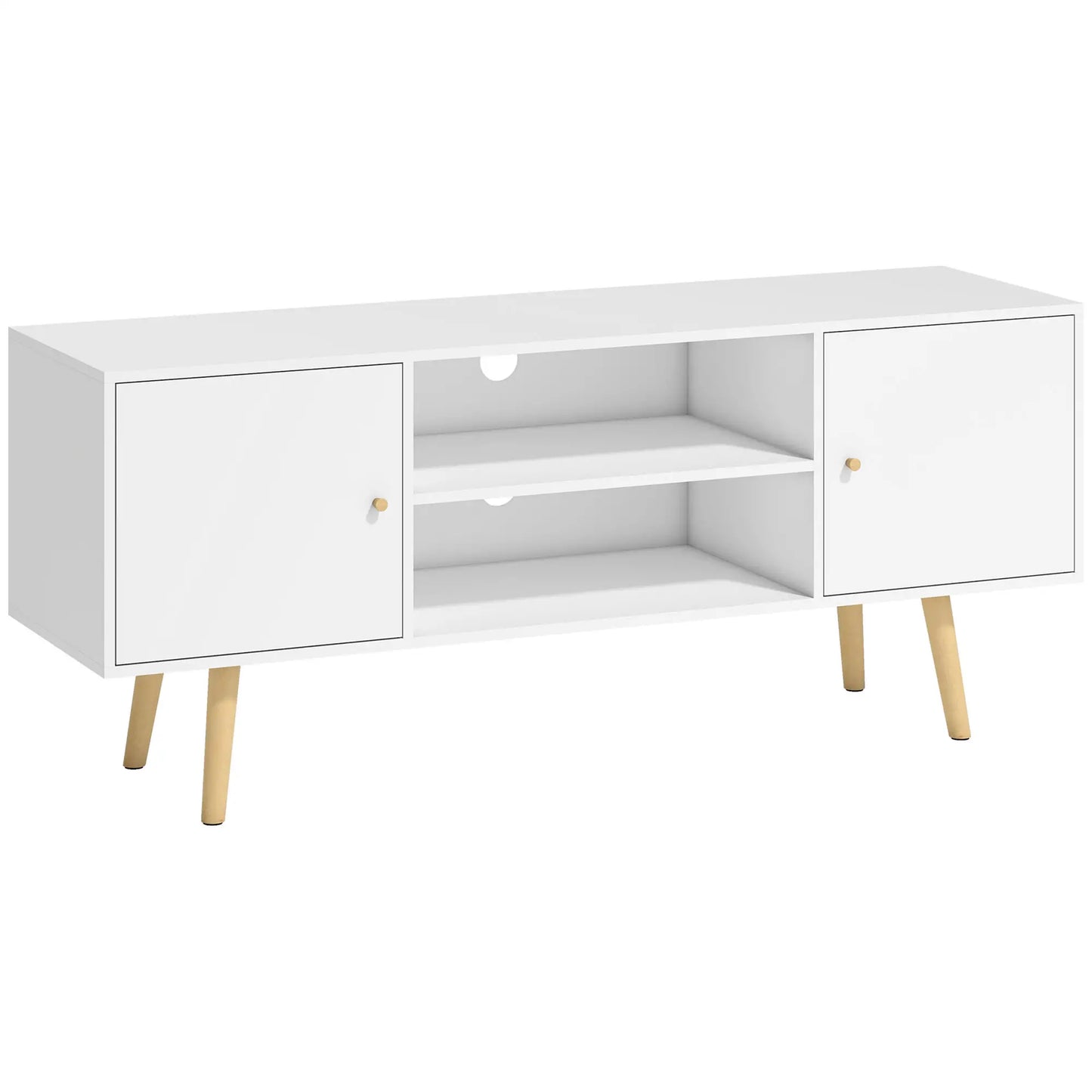 📺 MUEBLE TV “NORDIC 120” – 2 ARMARIOS + 2 ESTANTES · BLANCO Y MADERA · HASTA 55"