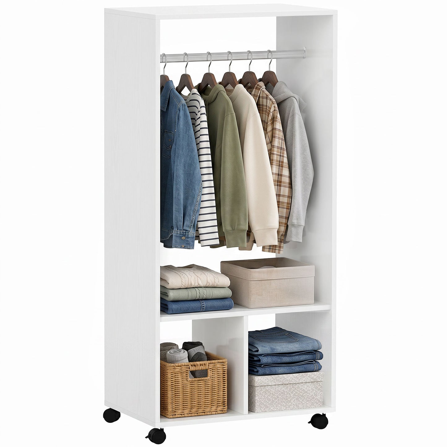 👕 ARMARIO ABIERTO CON RUEDAS 60 CM – BARRA PARA COLGAR Y ESTANTES – BLANCO Y ROBLE NATURAL