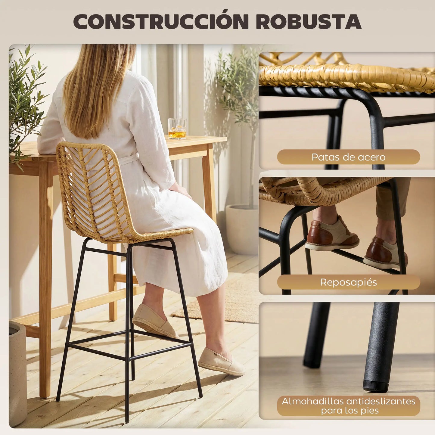 🪑 Juego de 2 Taburetes Altos de Cocina con Asiento de Ratán Sintético – Estilo Boho con Patas de Acero Negro