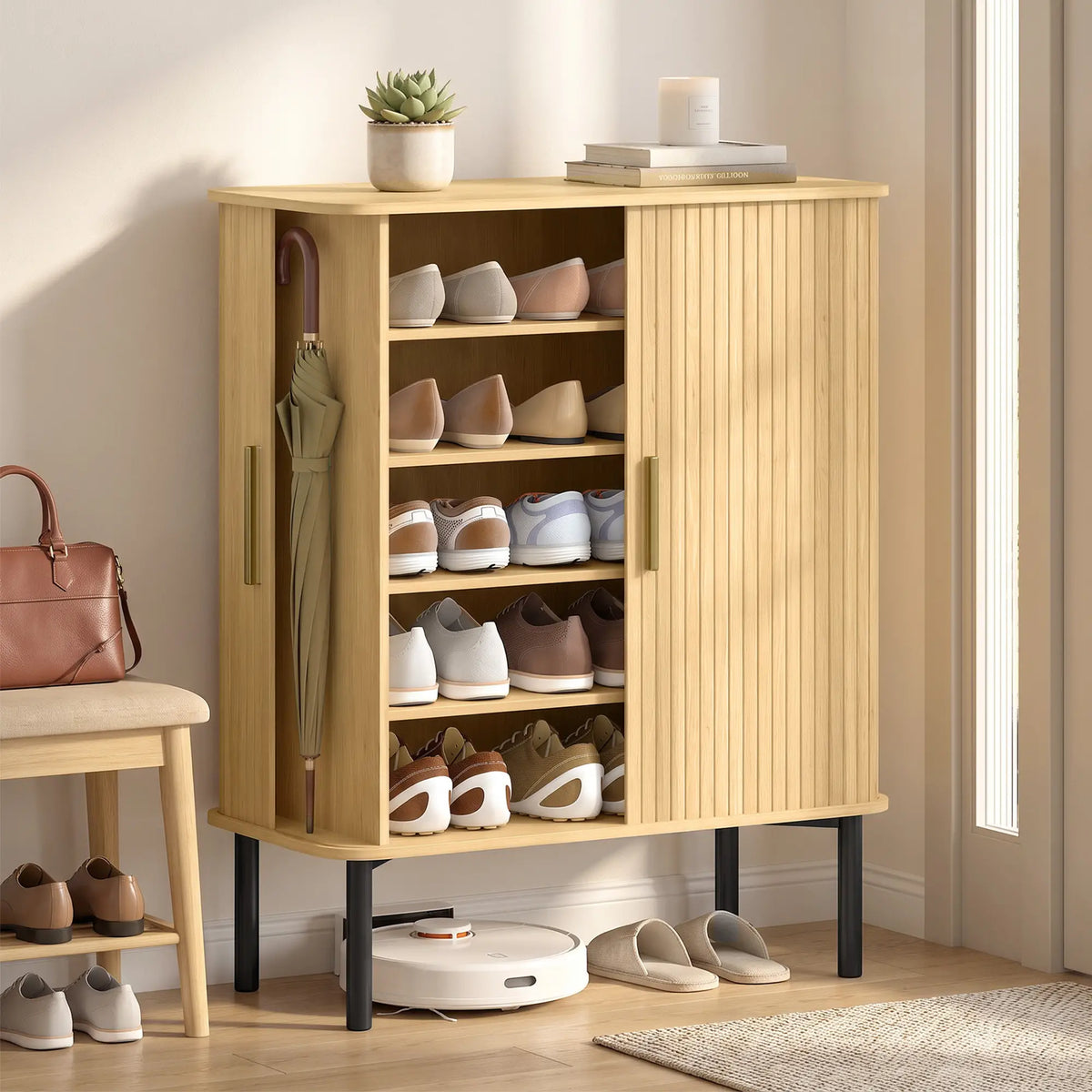 👞 ZAPATERO OAK SLIDE 5 – ROBLE CON PUERTAS CORREDERAS DE LAMAS Y 5 NIVELES