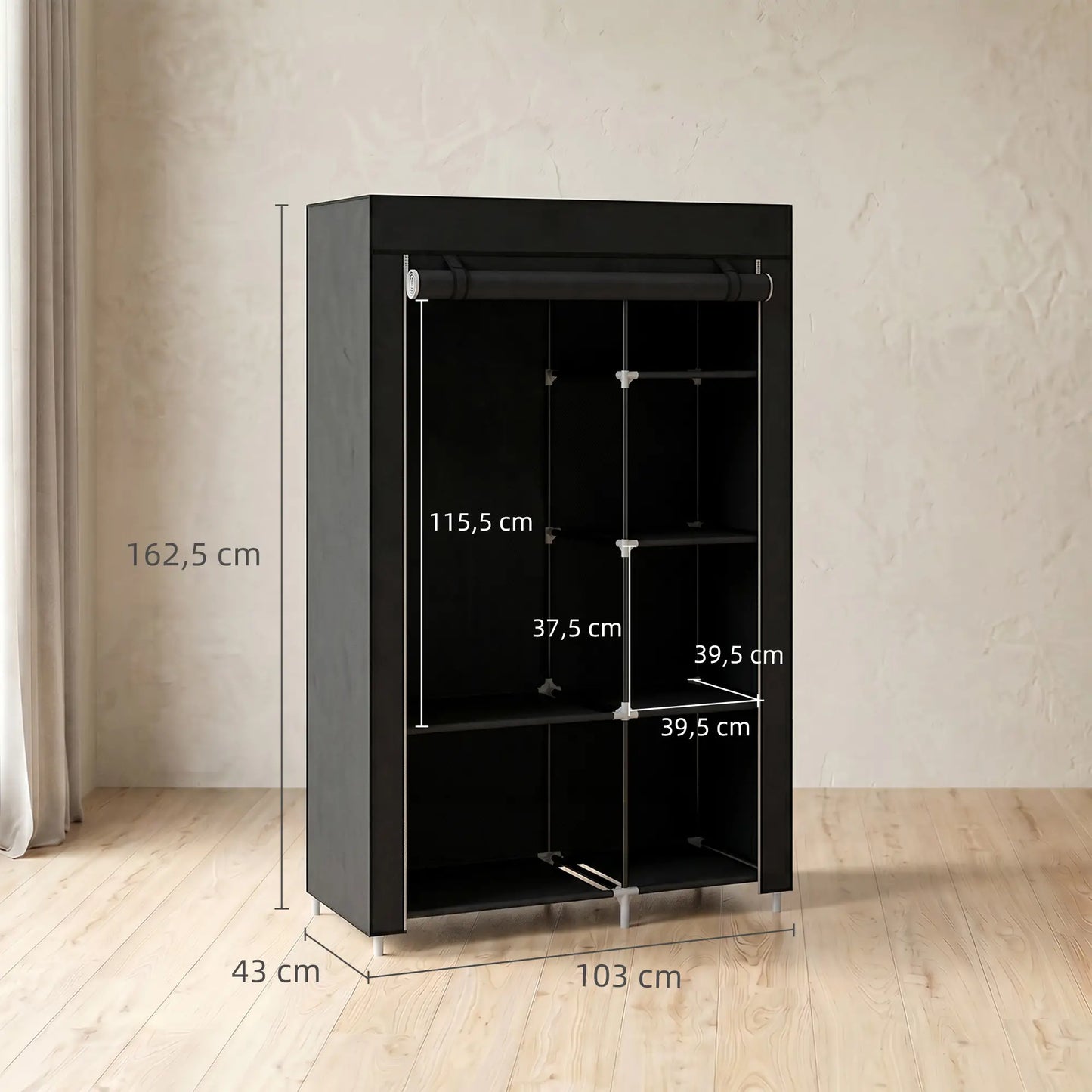 👕 ARMARIO DE TELA PLEGABLE 103 CM CON 6 ESTANTES Y BARRA PARA COLGAR – 5 COLORES