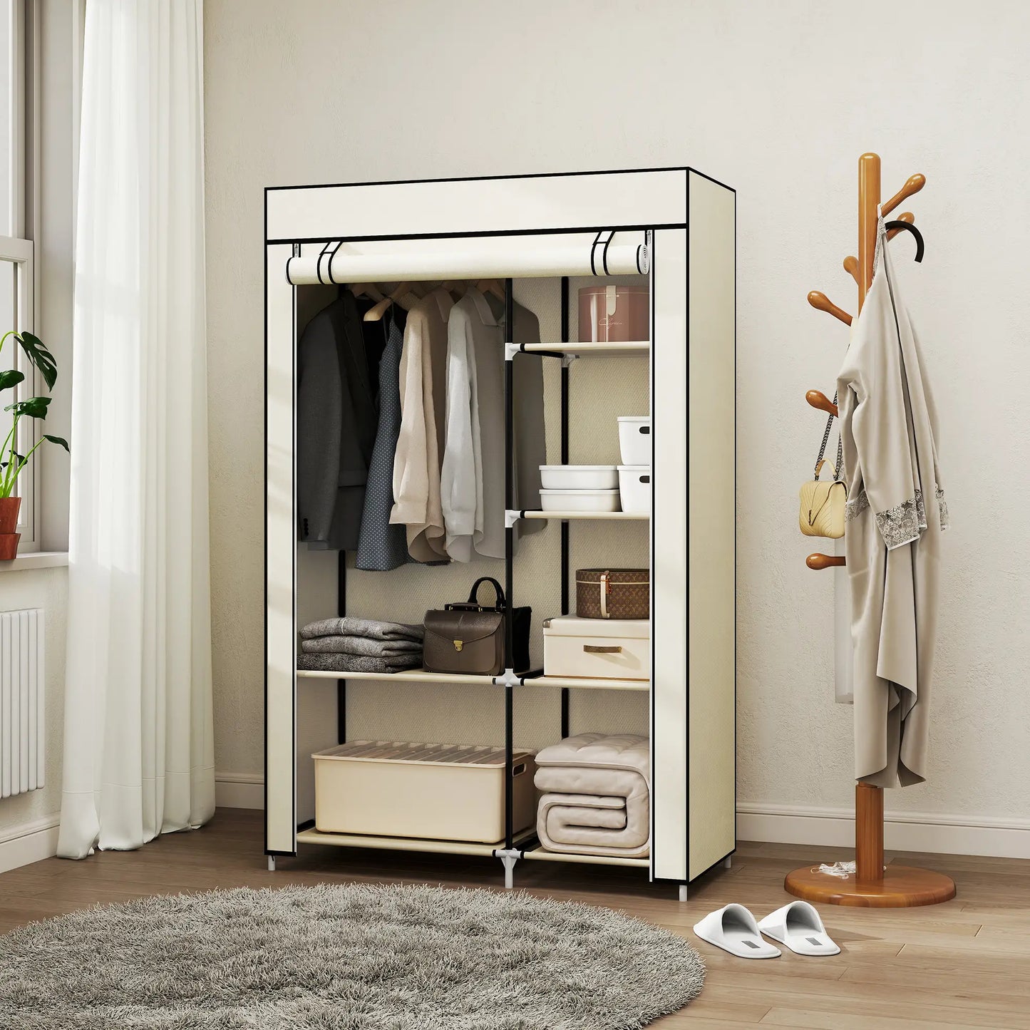 👕 ARMARIO DE TELA PLEGABLE 103 CM CON 6 ESTANTES Y BARRA PARA COLGAR – 5 COLORES