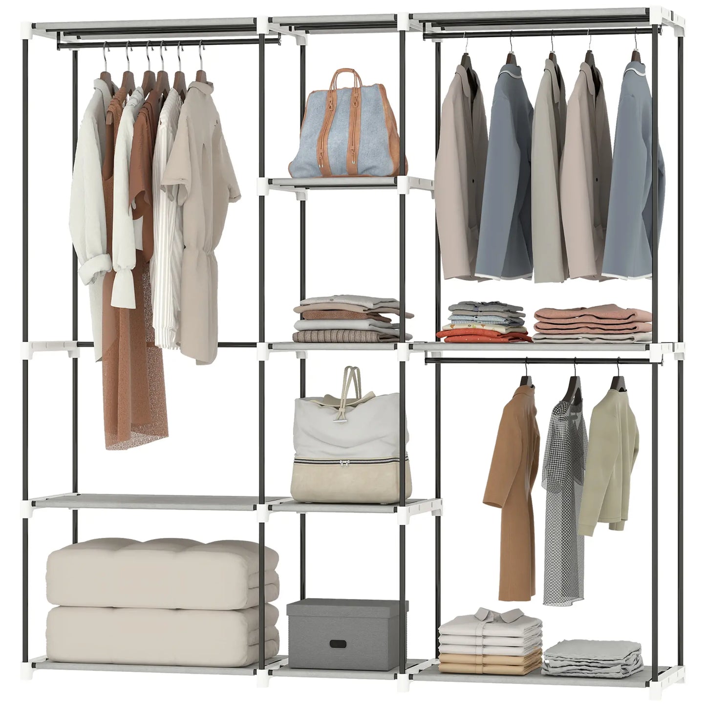 👕 ARMARIO ABIERTO PARA ROPA 182 CM CON 8 ESTANTES Y 3 BARRAS – GRIS CLARO