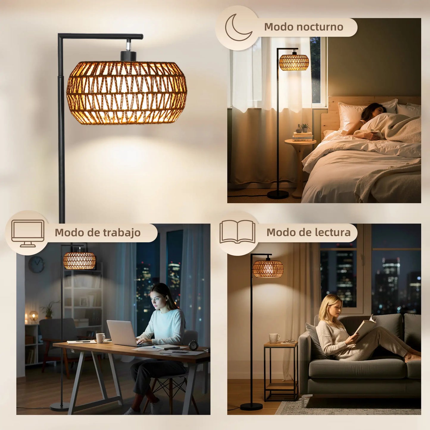 💡 Lámpara de Pie Bohemia con Doble Pantalla Regulable – 3 Temperaturas de Color, Brillo Ajustable y Mando a Distancia