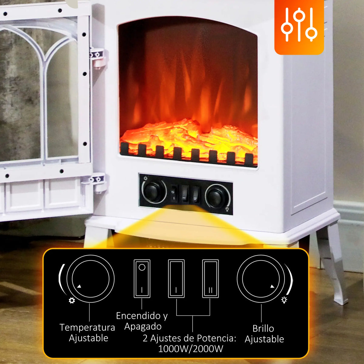 🔥 CHIMENEA ELÉCTRICA WHITE COZY 2000 – BLANCA DE PIE CON LLAMA LED Y CALEFACCIÓN REGULABLE