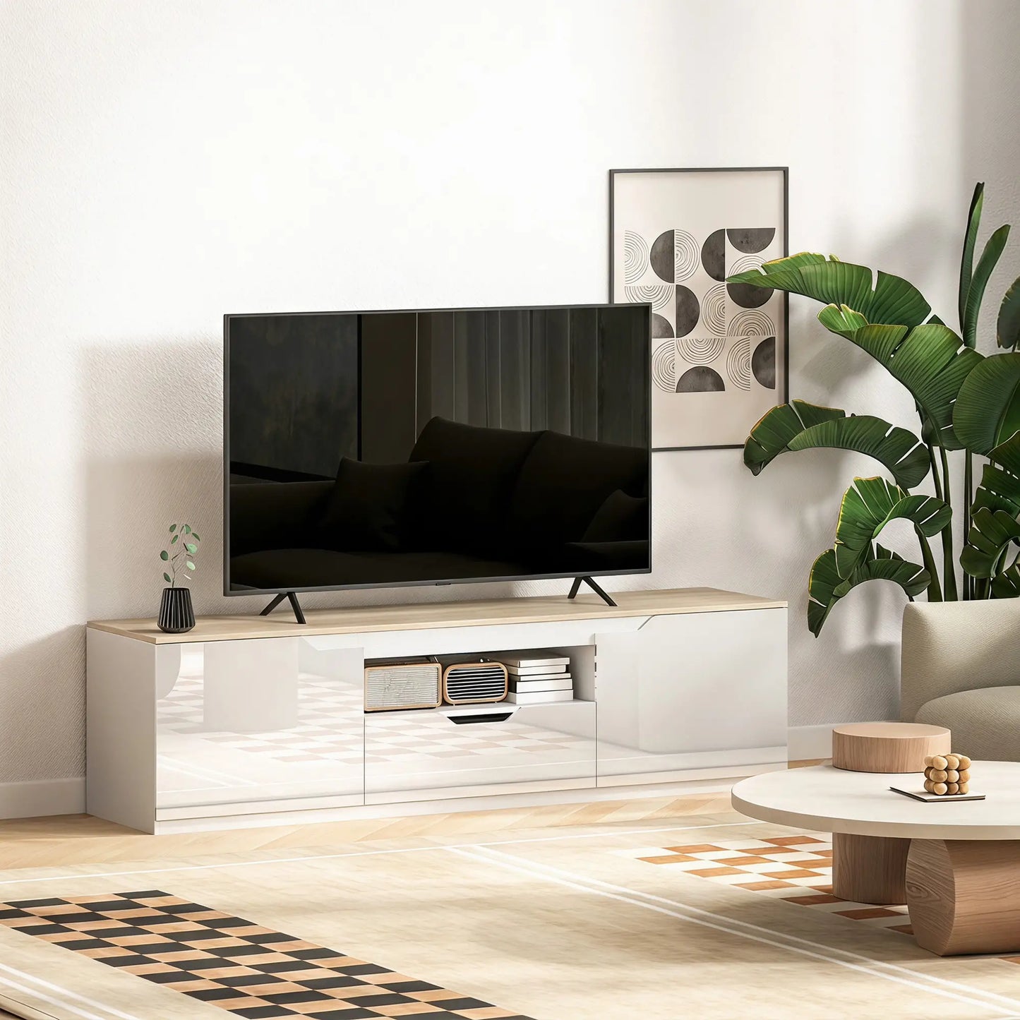 📺 MUEBLE TV “GLOSS 160” – ALTO BRILLO · 2 PUERTAS + CAJÓN + HUECO ABIERTO · HASTA 65"