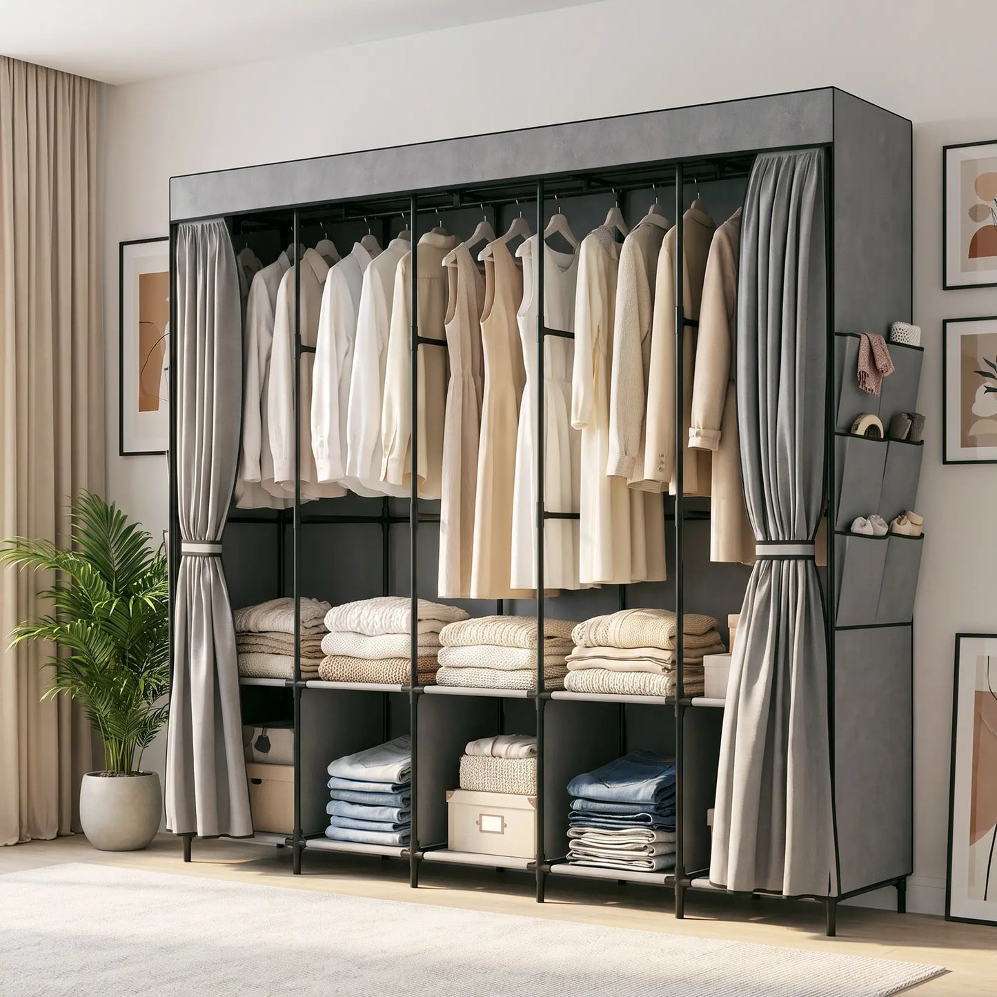 👕 ARMARIO DE TELA GRANDE 212 CM CON 5 BARRAS, 5 ESTANTES Y 6 BOLSILLOS – GRIS