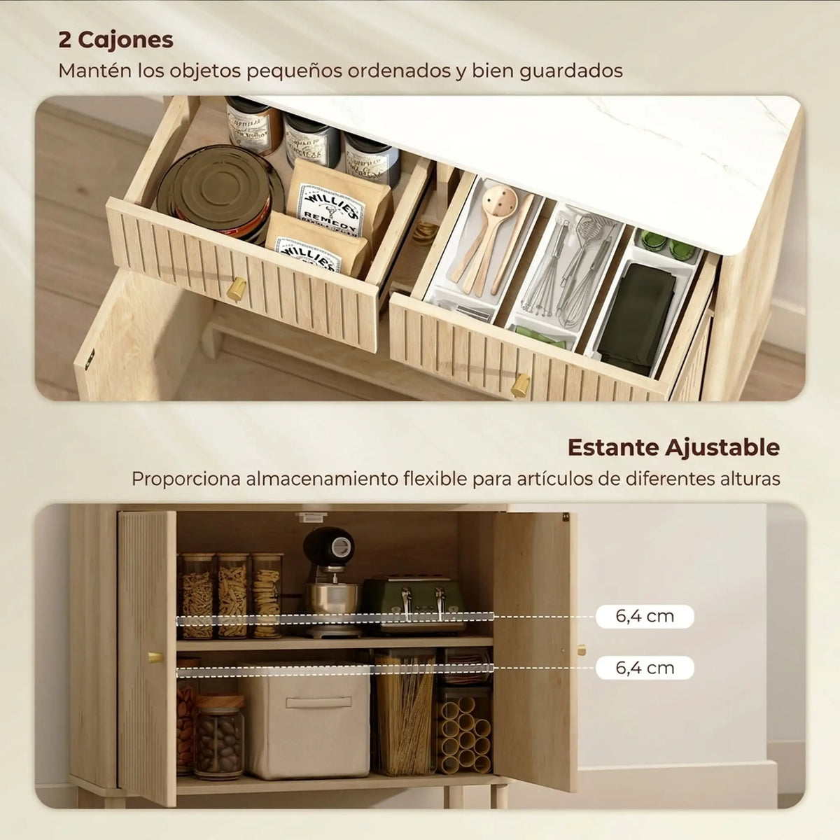 🪵 APARADOR MARBEL OAK – 2 PUERTAS Y 2 CAJONES EN ROBLE CON ENCIMERA EFECTO MÁRMOL
