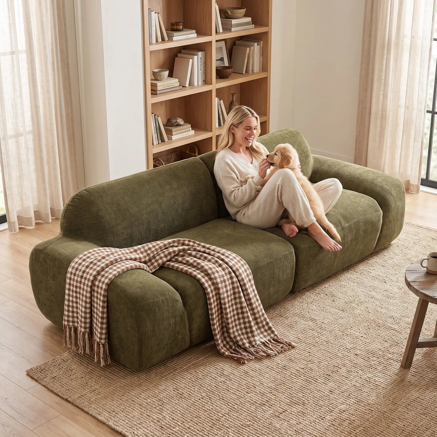 🛋️ Sofá de 3 Plazas Redondeado en Chenilla – Verde Oscuro | JAM MUEBLES