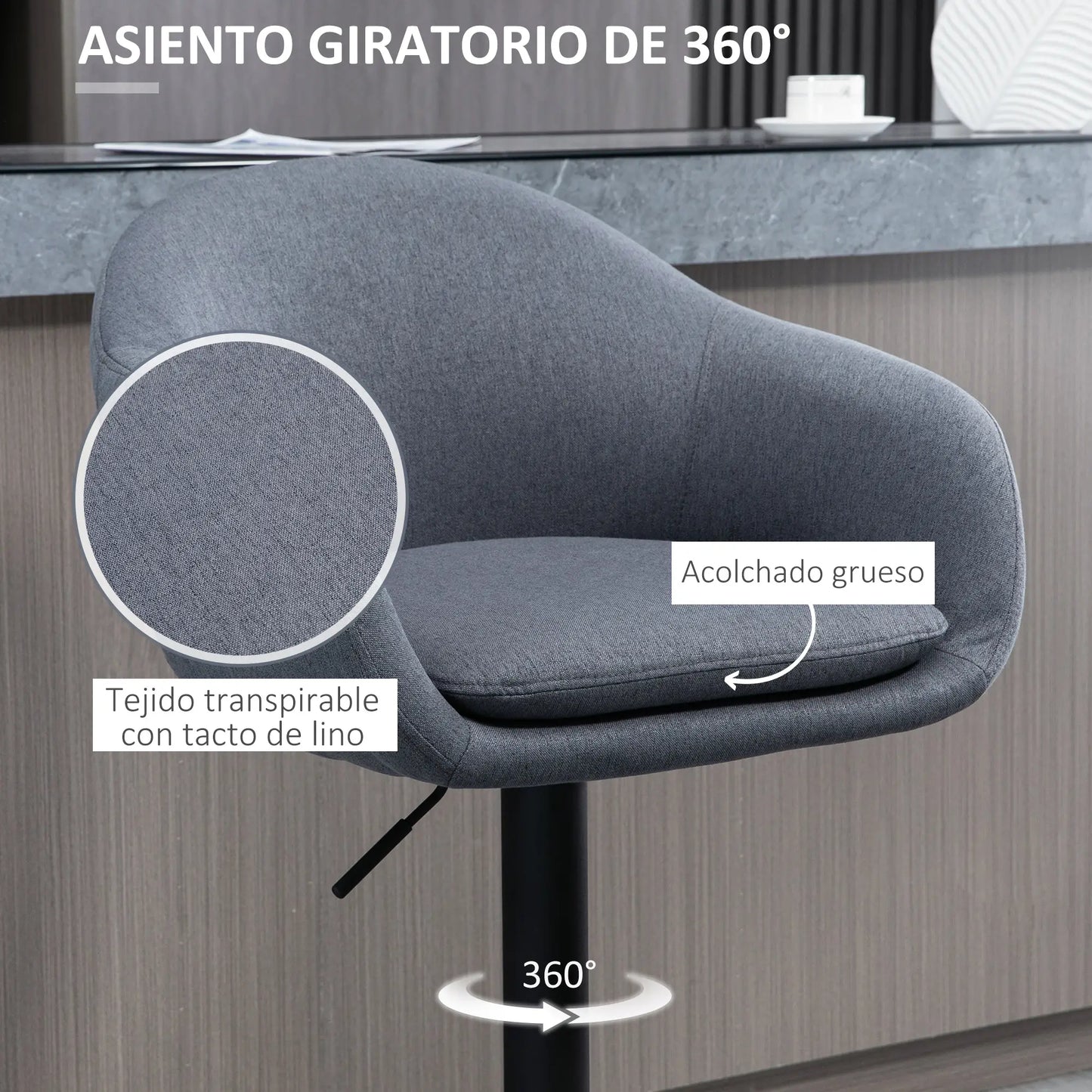 🪑 Taburete de Bar Regulable Tapizado en Tela Gris Oscuro – Giratorio 360° con Reposapiés y Base de Acero