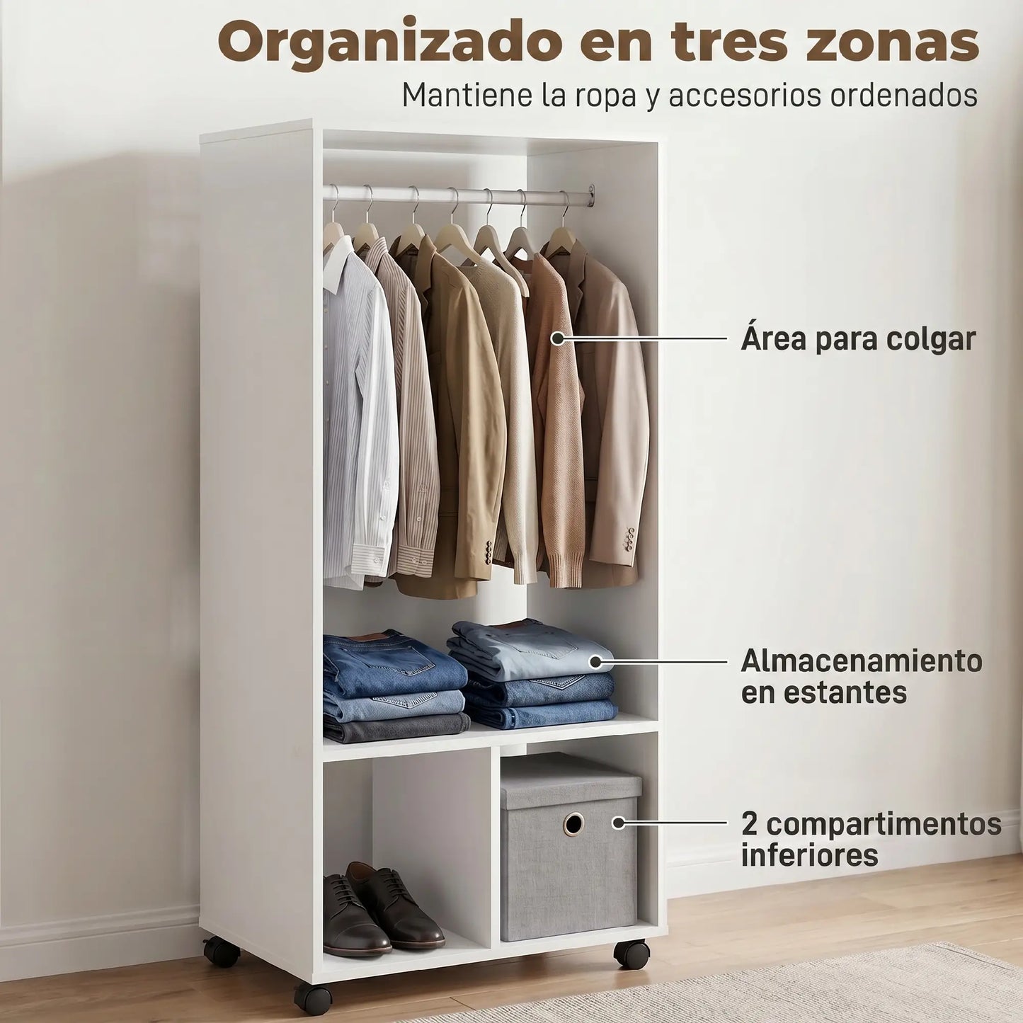 👕 ARMARIO ABIERTO CON RUEDAS 60 CM – BARRA PARA COLGAR Y ESTANTES – BLANCO Y ROBLE NATURAL