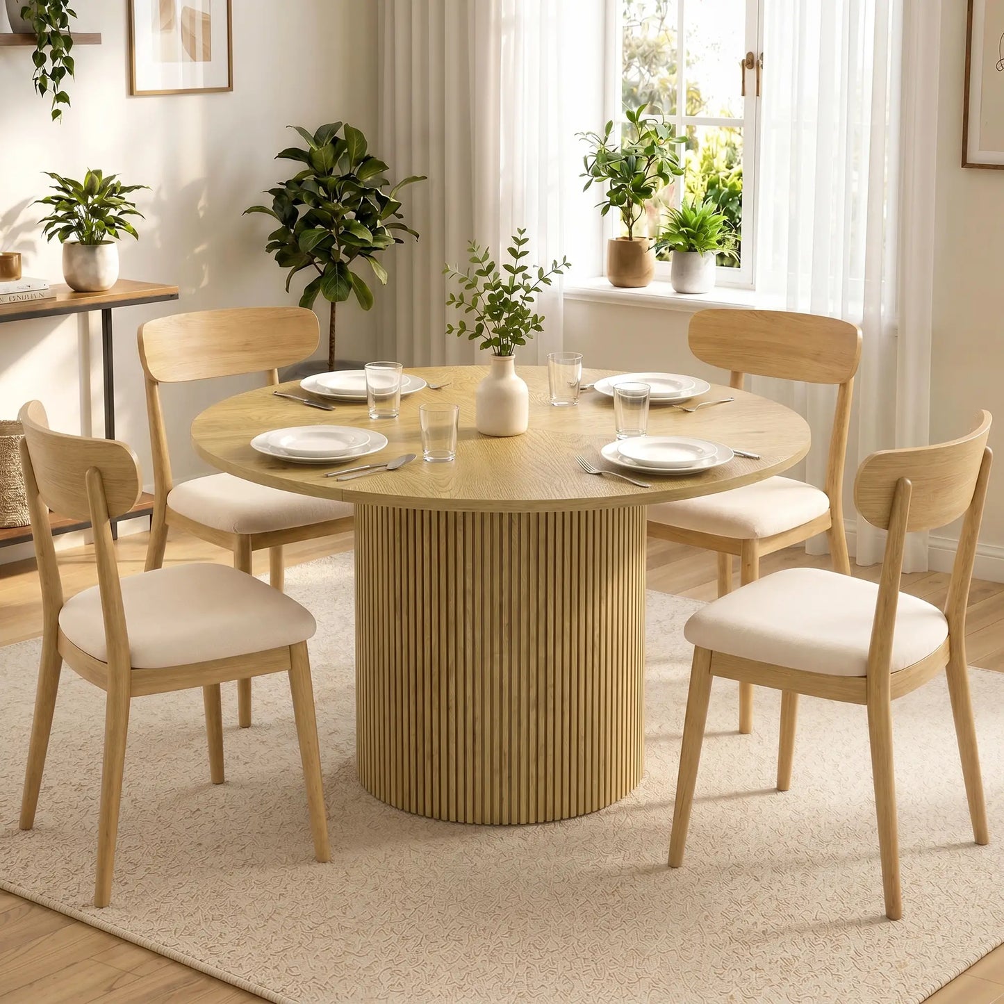 🪵 MESA DE COMEDOR REDONDA ROBLE 110 CM – DISEÑO MODERNO CON PEDESTAL ACANALADO