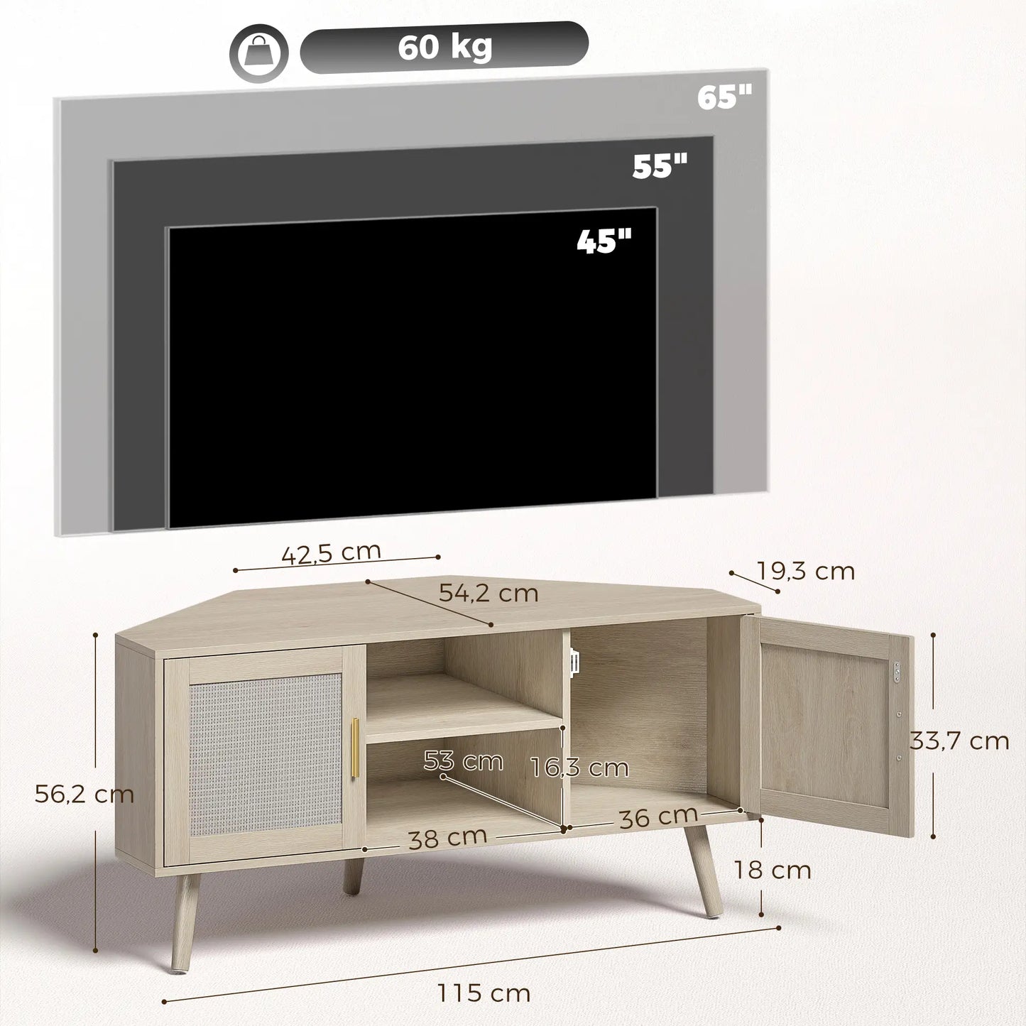 📺 MUEBLE TV DE ESQUINA “RATTAN CORNER 115” – ROBLE + RATÁN · 2 ARMARIOS + 2 ESTANTES · HASTA 65"