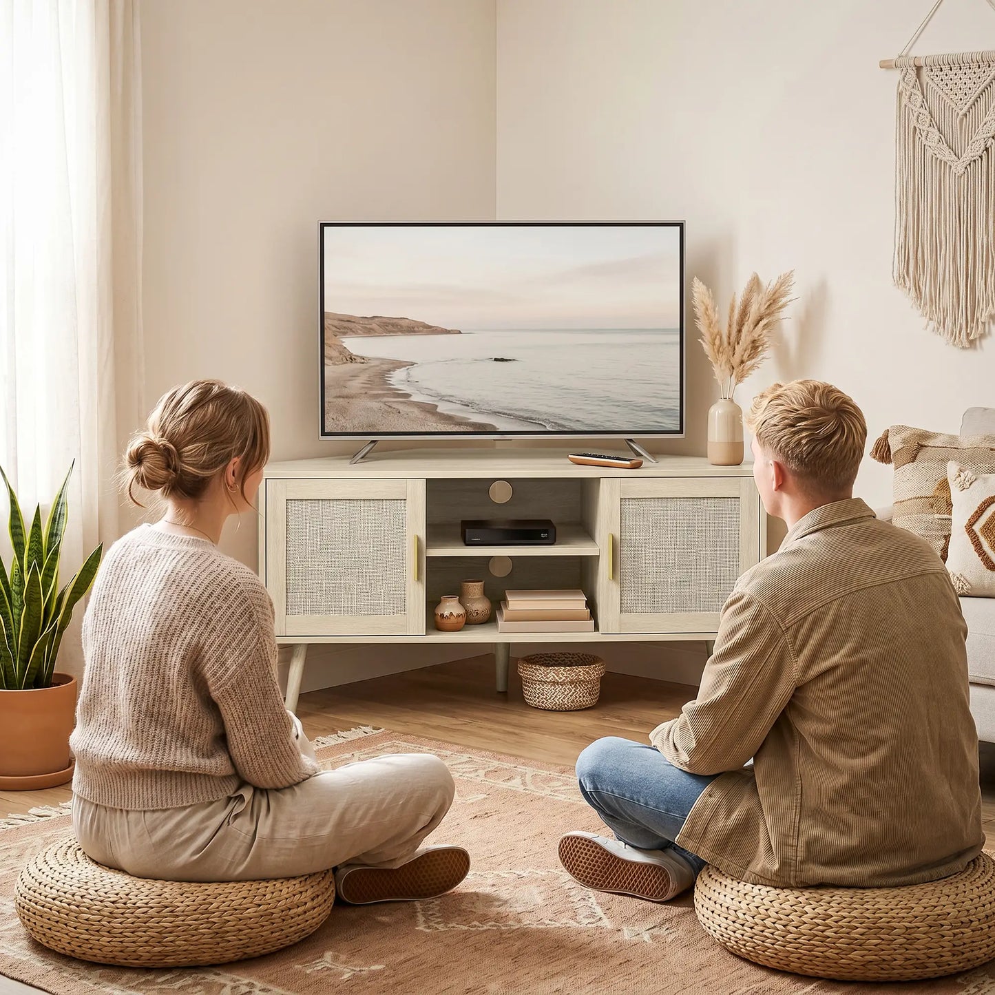 📺 MUEBLE TV DE ESQUINA “RATTAN CORNER 115” – ROBLE + RATÁN · 2 ARMARIOS + 2 ESTANTES · HASTA 65"