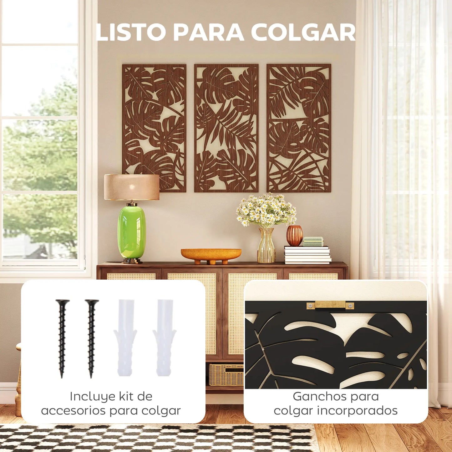 🖼️ CUADROS DECORATIVOS 3D DE PARED 3 PIEZAS 40 × 80 CM – DISEÑO DE HOJAS TROPICALES EN ACABADO NOGAL