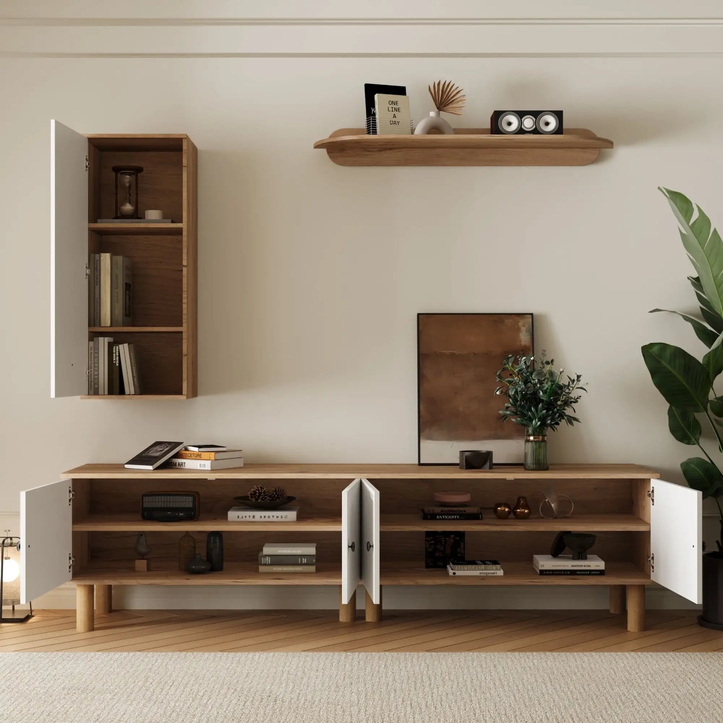 🏠 COMPOSICIÓN DE SALÓN “NATURA 3” – MUEBLE TV 170 CM + MUEBLE ALTO + ESTANTE DE PARED · BLANCO Y MADERA NATURAL