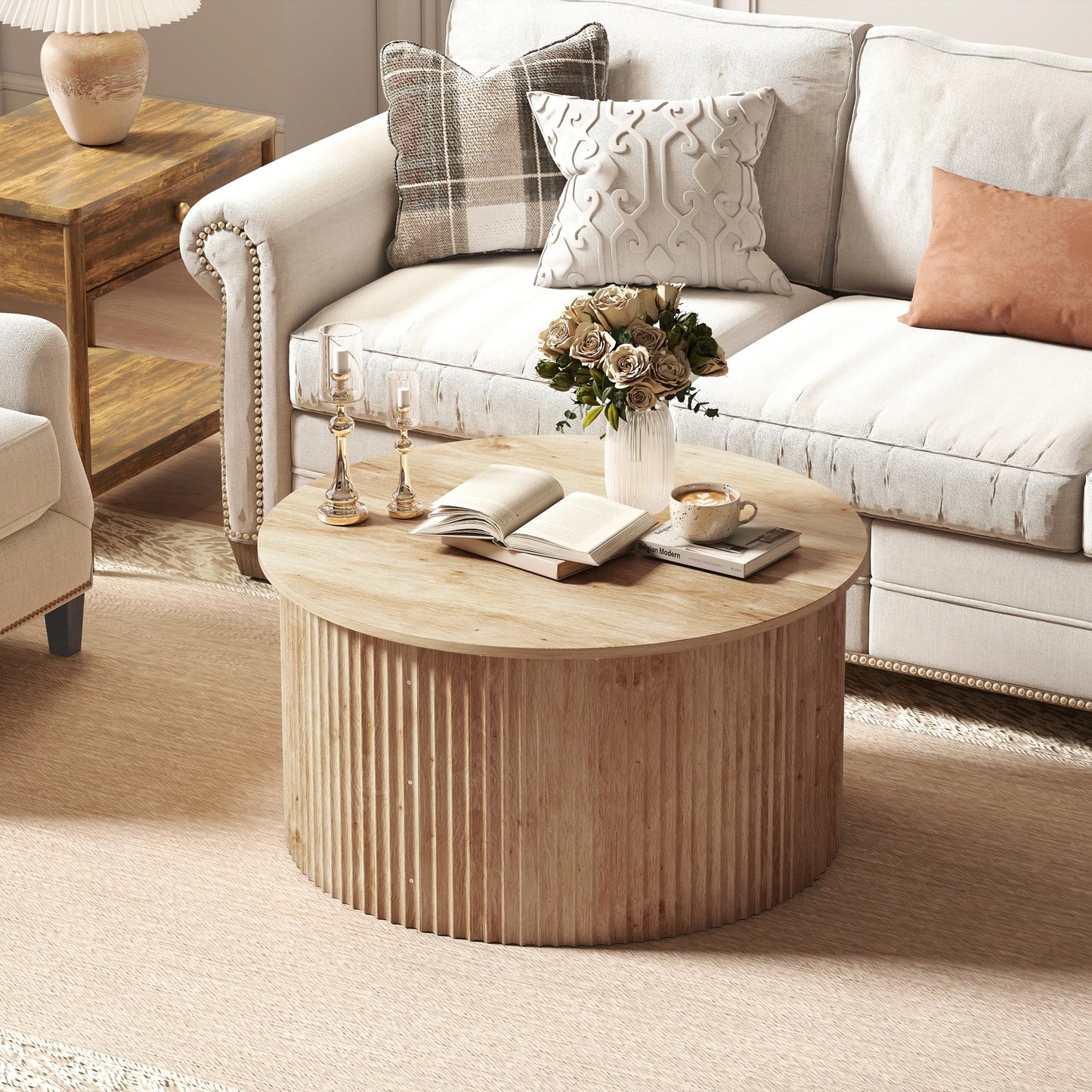 🪵 Mesa de Centro Elevable Redonda con Almacenamiento Oculto y Tablero Elevable 80 cm Madera Natural