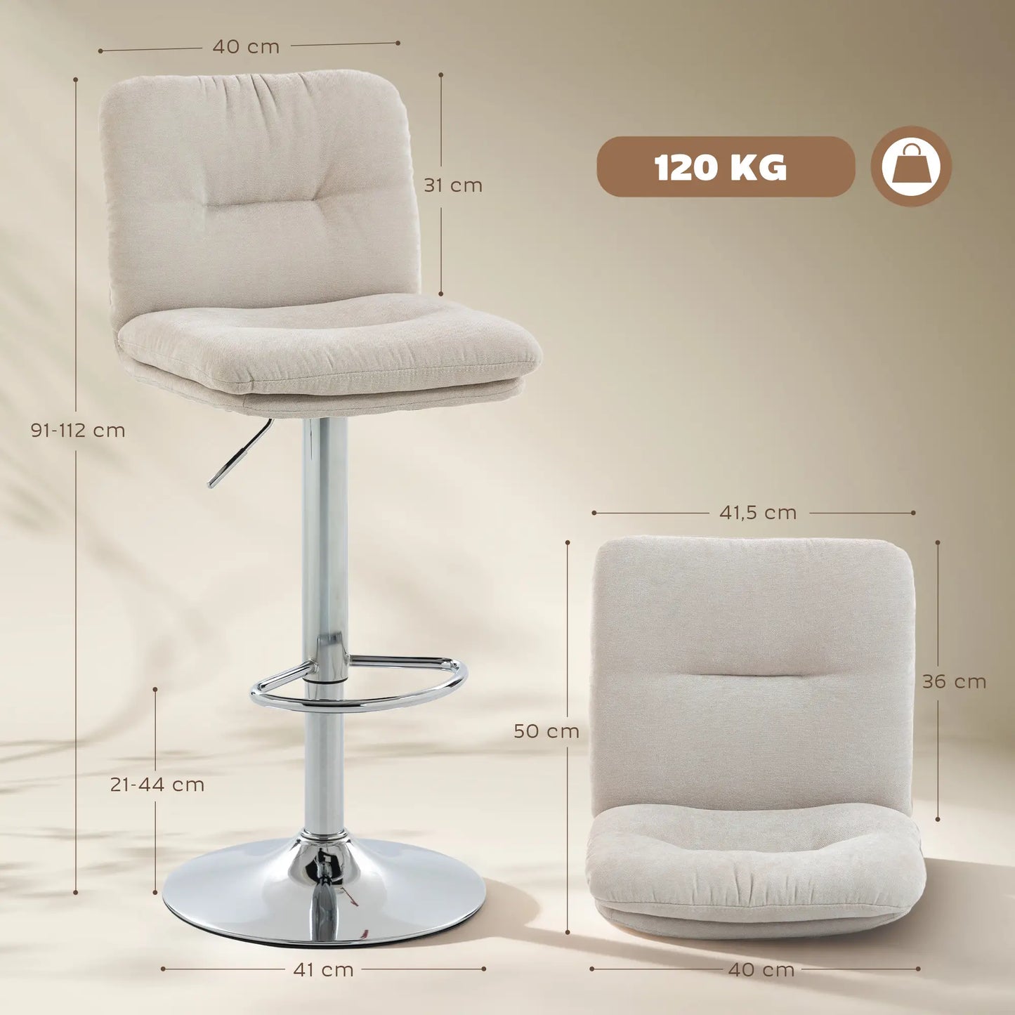 🪑 Juego de 2 Taburetes Altos de Cocina Giratorios con Altura Ajustable – Tapizados en Tela Beige con Respaldo y Reposapiés