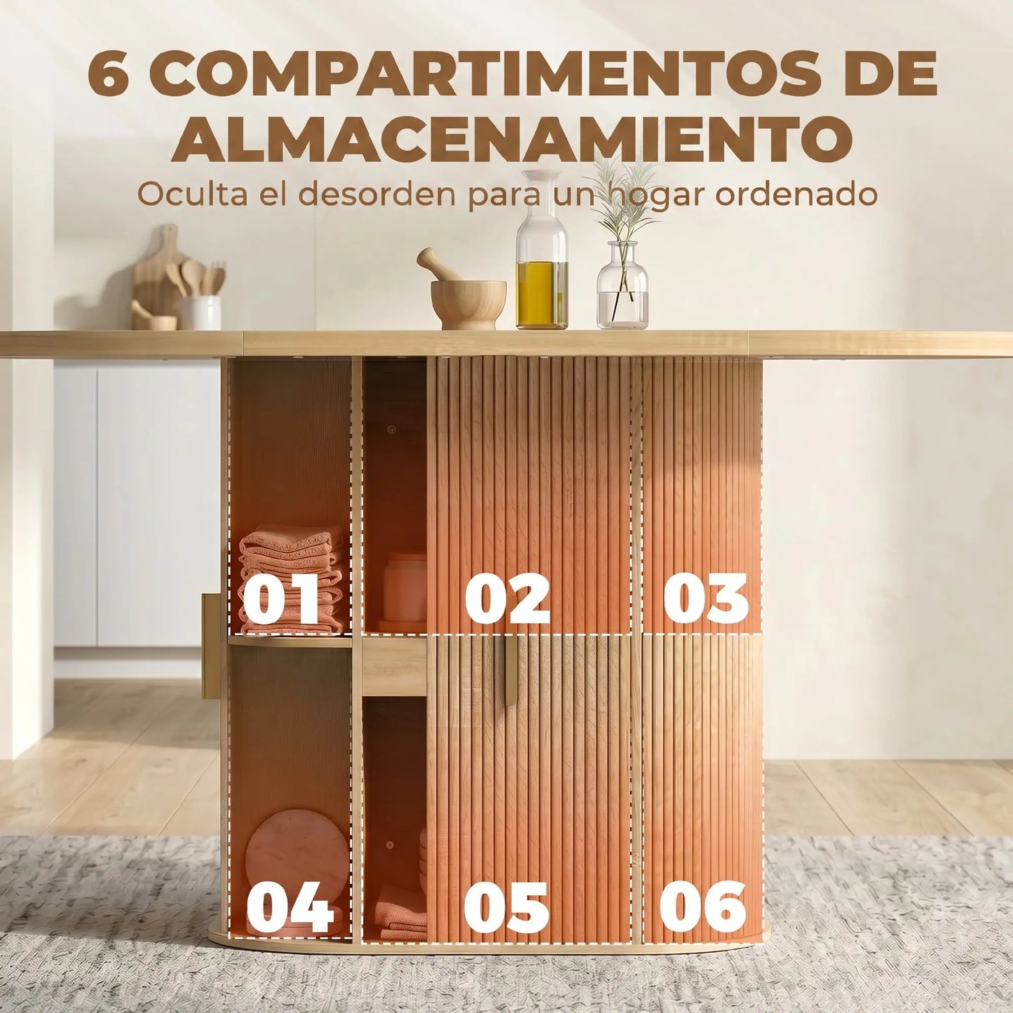🍽️ MESA DE COMEDOR OVALADA ROBLE 140 CM – CON ALMACENAJE INTEGRADO Y ESTILO FARMHOUSE