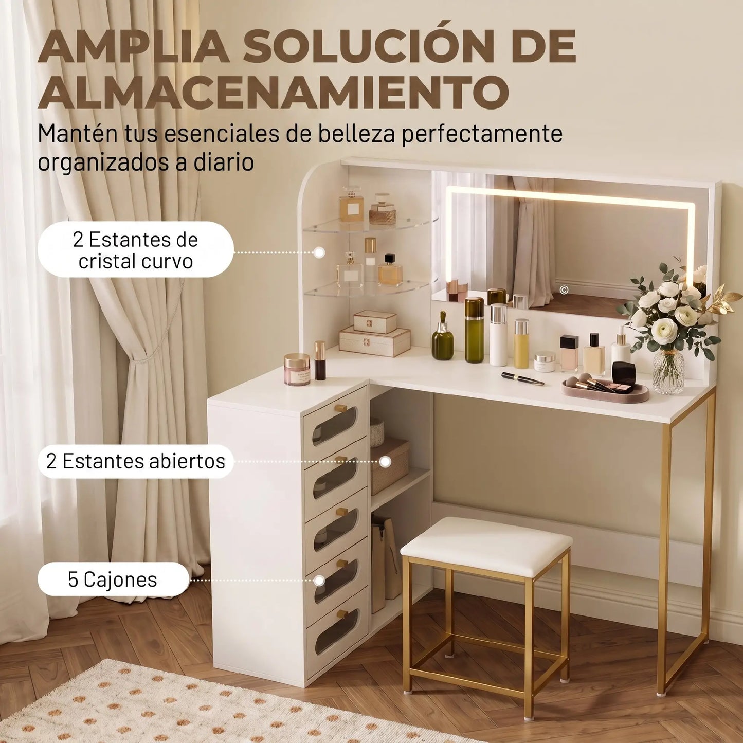 💄 TOCADOR DE MAQUILLAJE BLANCO CON ESPEJO LED, TABURETE Y 5 CAJONES