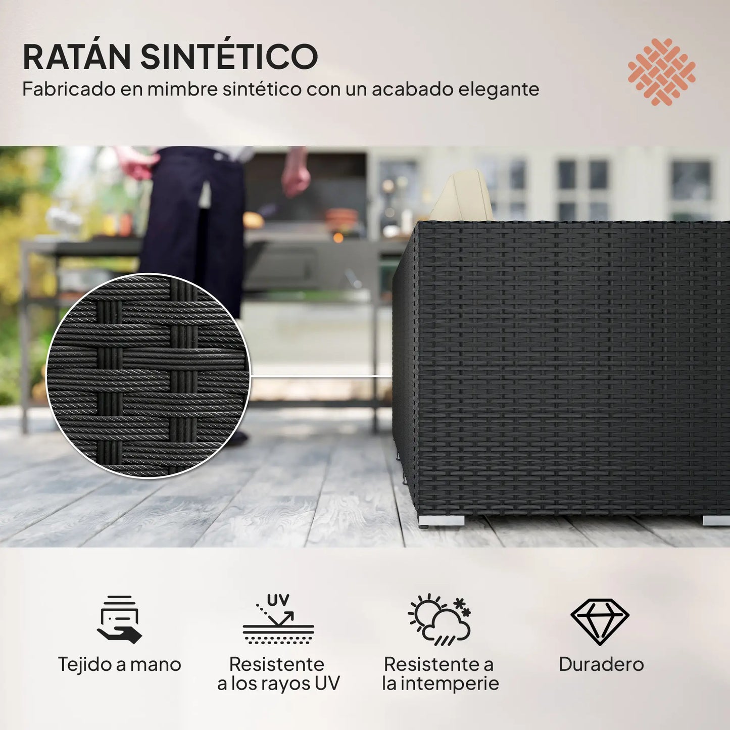 🌿 CONJUNTO DE JARDÍN BARATO 3 PIEZAS “NOIRZEN” – SOFÁ 3 PLAZAS + MESA + TABURETE