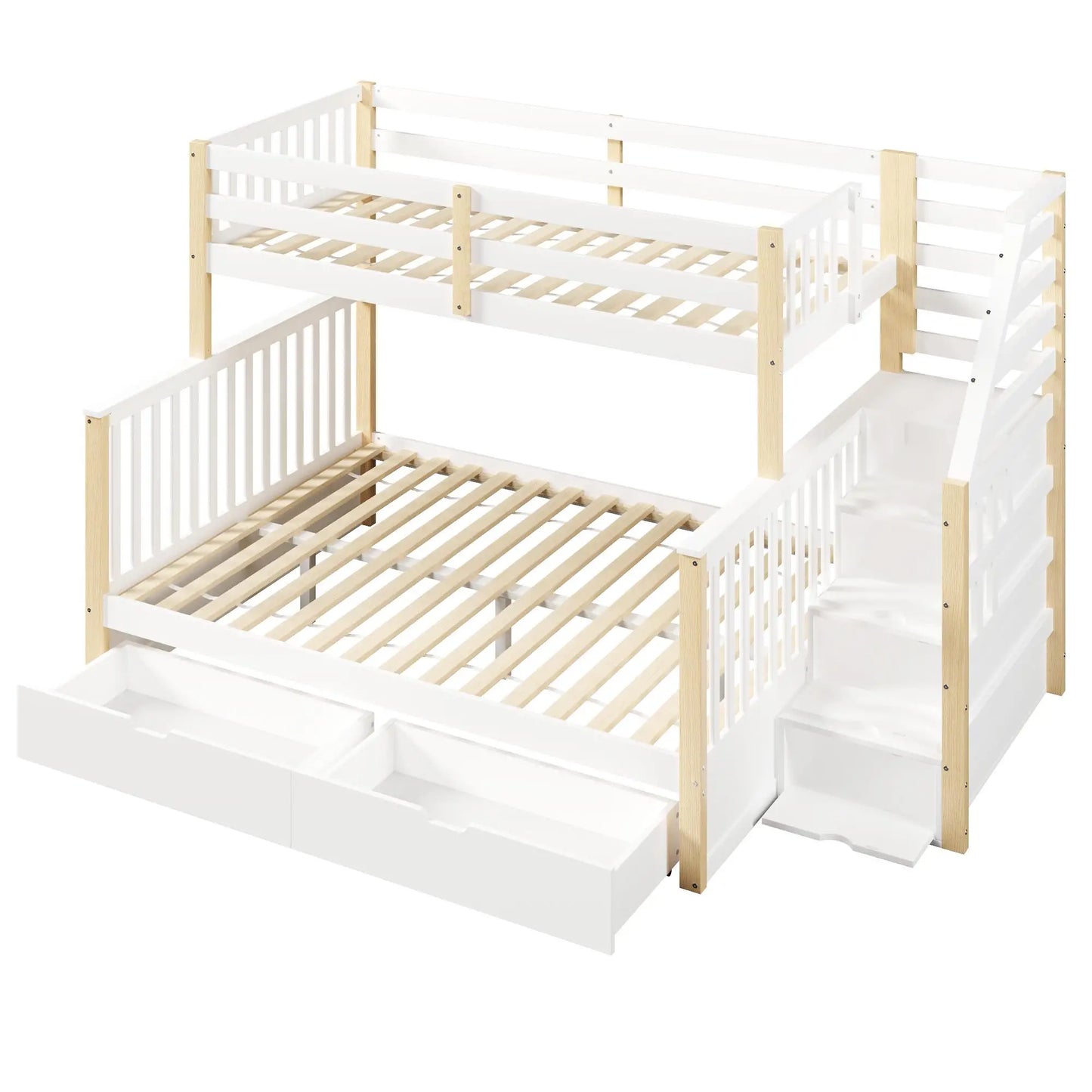 🛏️ LITERA FAMILIAR 90 × 200 + 140 × 200 CM CON ESCALERA, BARANDILLA Y ALMACENAMIENTO | BLANCO Y NATURAL | JAM MUEBLES