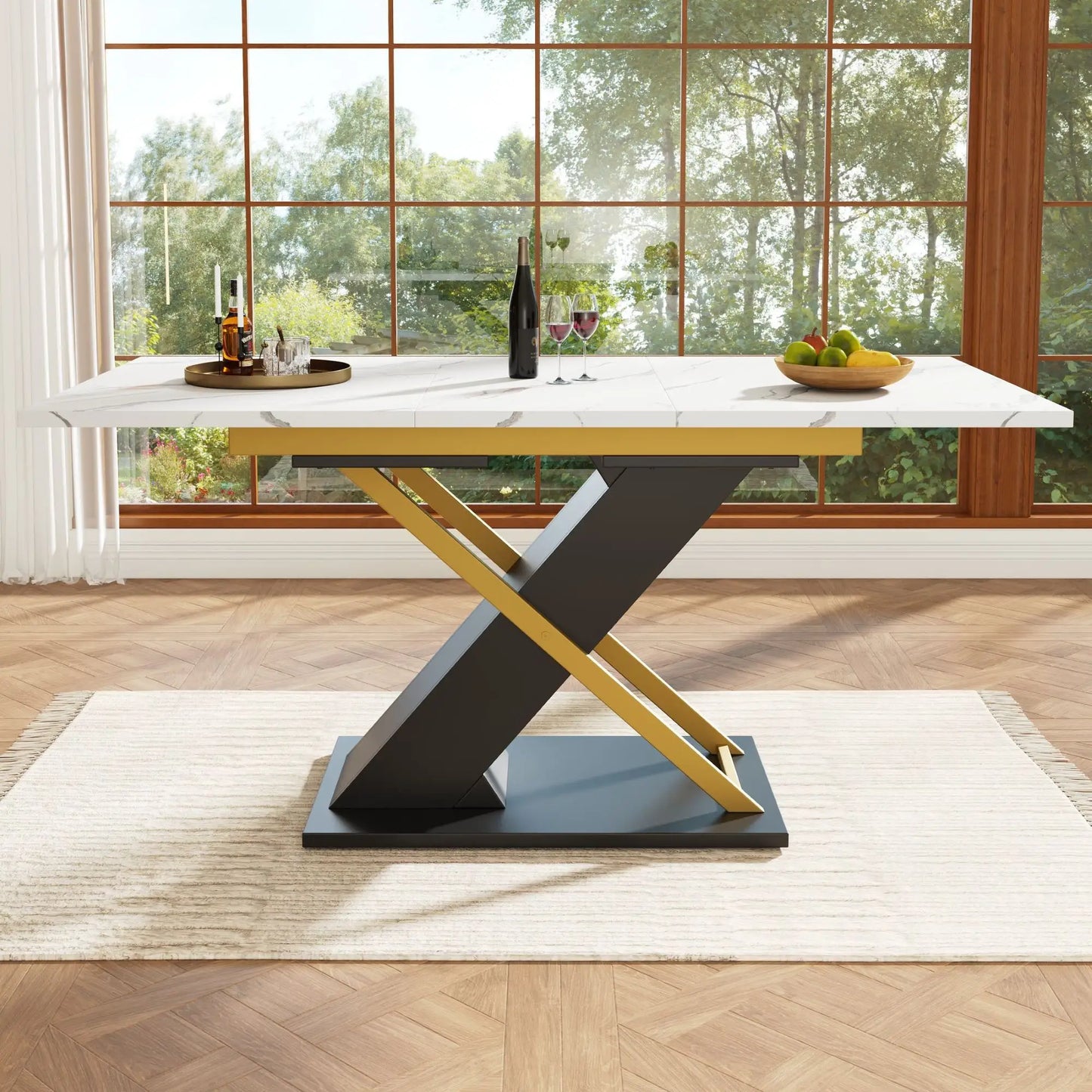 🍽️ Mesa de Comedor Extensible 120-160 cm con Patas Cruzadas – MDF Efecto Mármol – Blanco y Negro | JAM MUEBLES